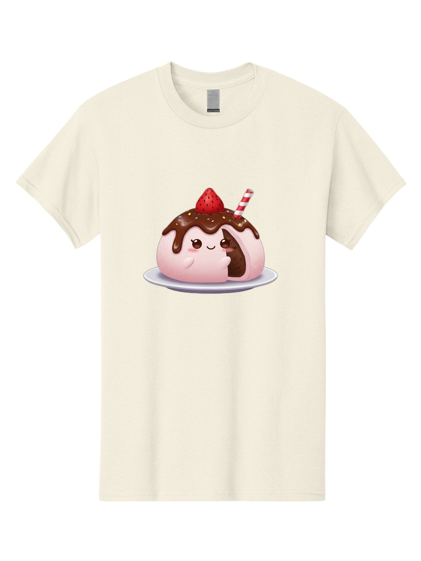 Strawberry-Donut Men'S Graphic Tee, 100% Cotton, Comfortable Casual Summer Wear, Machine Washable, Chocolate Donut, Strawberry Topping, Donut Character, Dessert, Sweet Treat, Chocolate Sauce, Sprinkles, Donut With Straw, Cute Dessert, Bac474