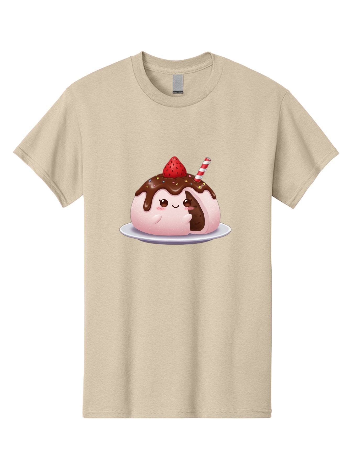 Strawberry-Donut Men'S Graphic Tee, 100% Cotton, Comfortable Casual Summer Wear, Machine Washable, Chocolate Donut, Strawberry Topping, Donut Character, Dessert, Sweet Treat, Chocolate Sauce, Sprinkles, Donut With Straw, Cute Dessert, Bac474