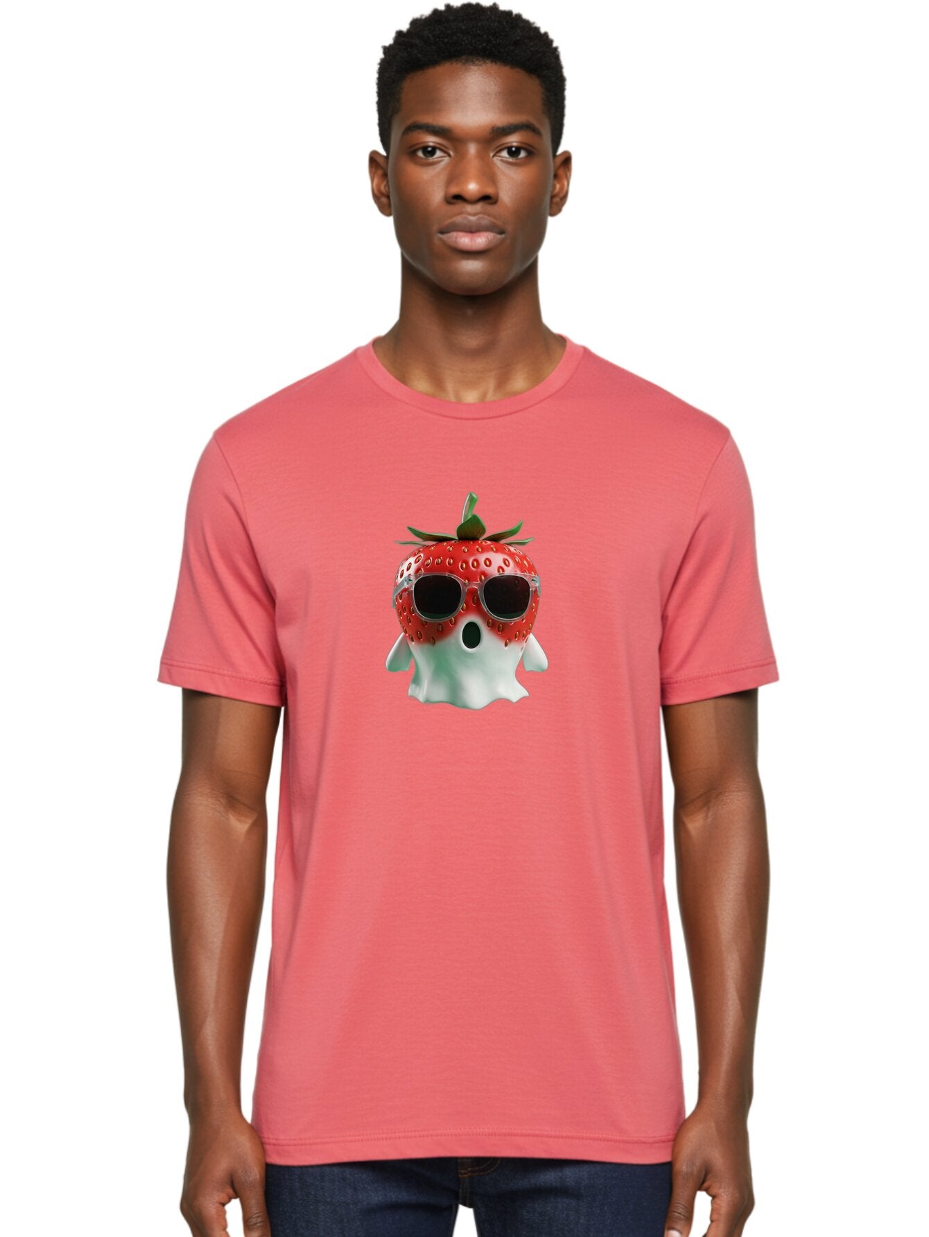 Strawberry-Ghost Men'S Graphic Tee, 100% Cotton, Comfortable Casual Summer Wear, Machine Washable, Strawberry With Sunglasses, Ghostly Figure, Cool Fruit, Summer Vibes, Quirky Design, Fun And Playful, Cartoon Character, Unique Blend, Bac476 25