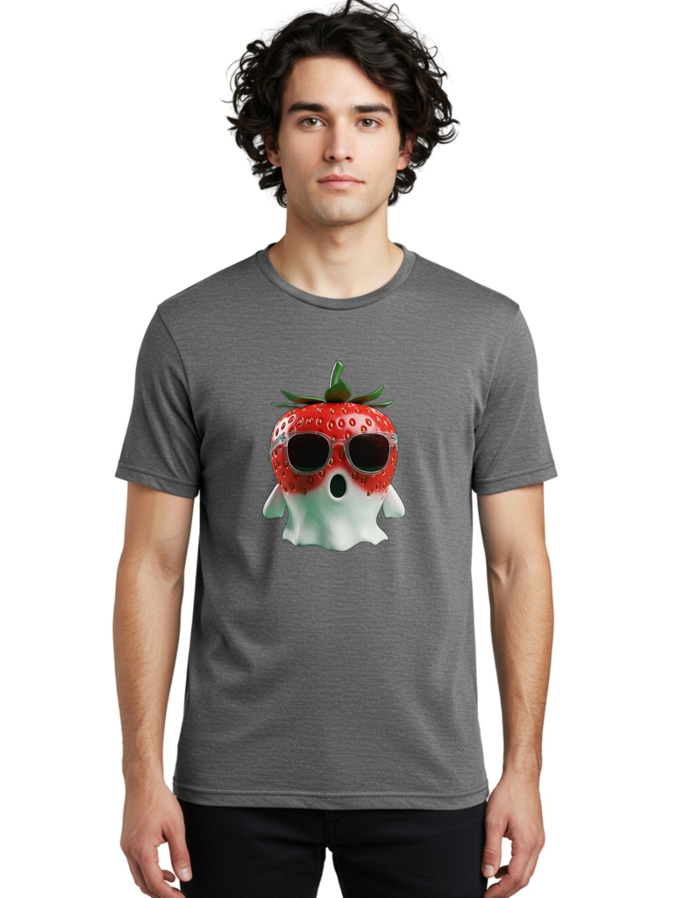 Strawberry-Ghost Men'S Graphic Tee, 100% Cotton, Comfortable Casual Summer Wear, Machine Washable, Strawberry With Sunglasses, Ghostly Figure, Cool Fruit, Summer Vibes, Quirky Design, Fun And Playful, Cartoon Character, Unique Blend, Bac476 22