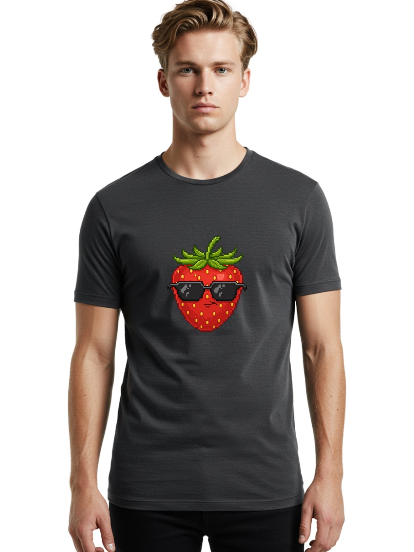 Strawberry-In-Sunglasses Men'S Graphic Tee, 100% Cotton, Comfortable Casual Summer Wear, Machine Washable, Cool Strawberry, Pixel Art, Sunglasses, Red Fruit, Yellow Seeds, Cartoon Character, Fun Design, Summertime Vibe, Pixelated Style Bac478 25