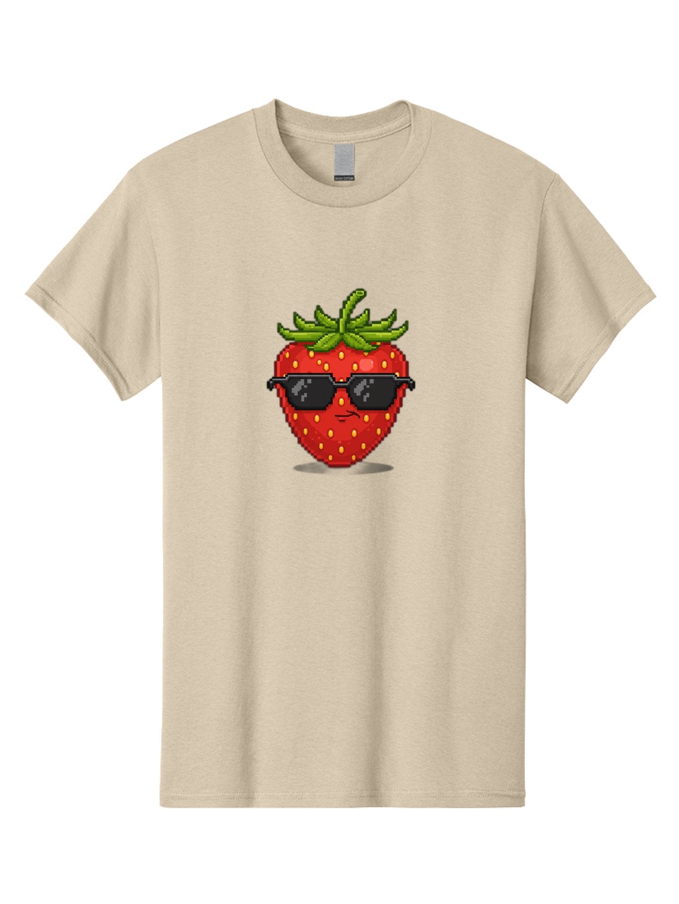 Strawberry-In-Sunglasses Men'S Graphic Tee, 100% Cotton, Comfortable Casual Summer Wear, Machine Washable, Cool Strawberry, Pixel Art, Sunglasses, Red Fruit, Yellow Seeds, Cartoon Character, Fun Design, Summertime Vibe, Pixelated Style Bac478 3
