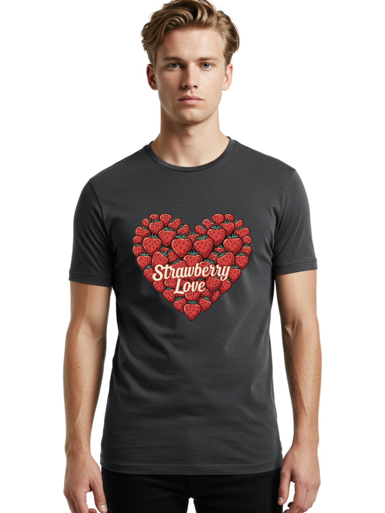 Strawberry-Love Men'S Graphic Tee, 100% Cotton, Comfortable Casual Summer Wear, Machine Washable, Strawberry Heart, Fruit Love, Red Strawberries, Sweet Treats, Tasty Fruits, Summer Fruits, Heart-Shaped Strawberries, Strawberry Graphics Bac479 27