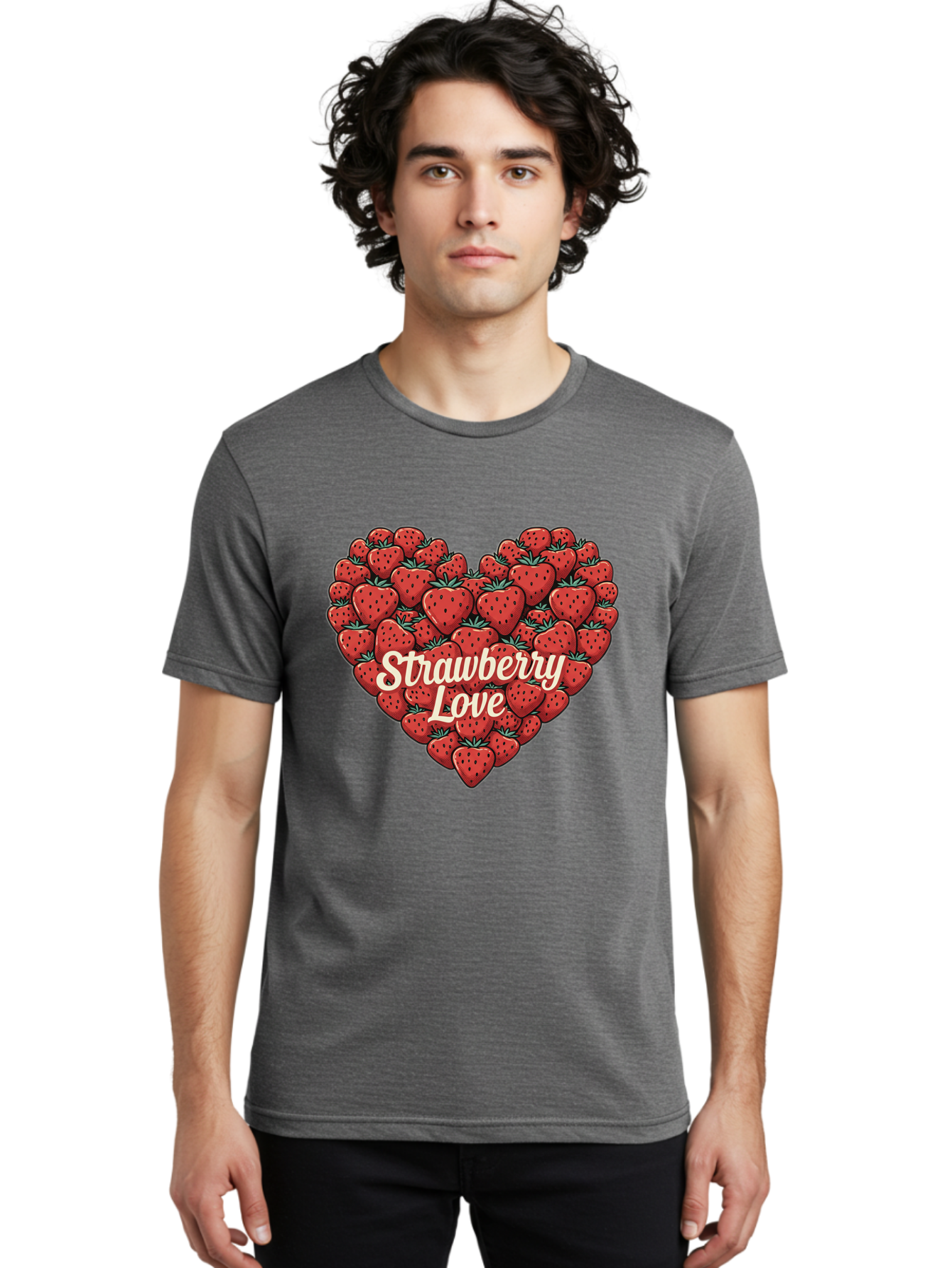 Strawberry-Love Men'S Graphic Tee, 100% Cotton, Comfortable Casual Summer Wear, Machine Washable, Strawberry Heart, Fruit Love, Red Strawberries, Sweet Treats, Tasty Fruits, Summer Fruits, Heart-Shaped Strawberries, Strawberry Graphics Bac479 27