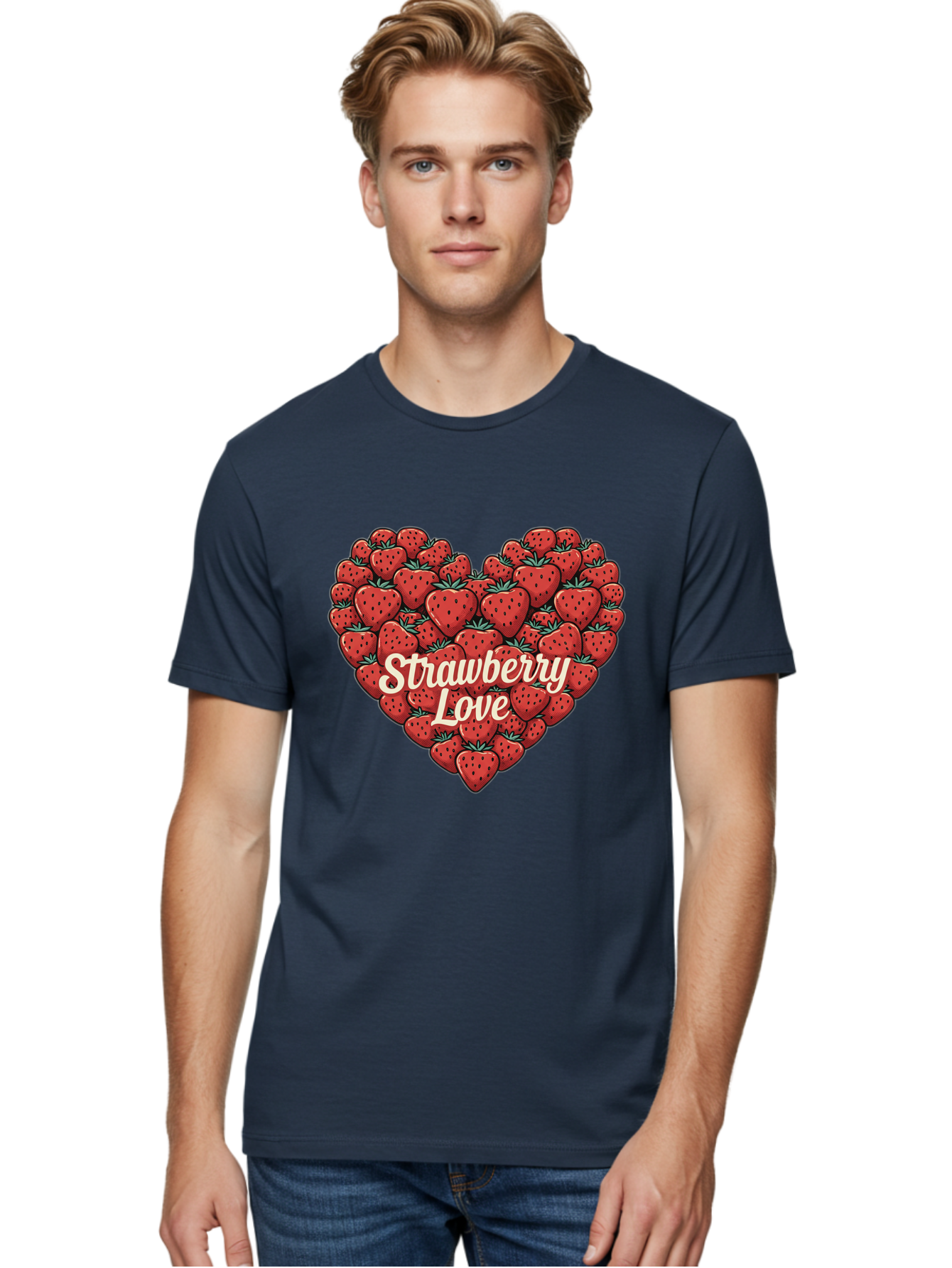 Strawberry-Love Men'S Graphic Tee, 100% Cotton, Comfortable Casual Summer Wear, Machine Washable, Strawberry Heart, Fruit Love, Red Strawberries, Sweet Treats, Tasty Fruits, Summer Fruits, Heart-Shaped Strawberries, Strawberry Graphics Bac479 21