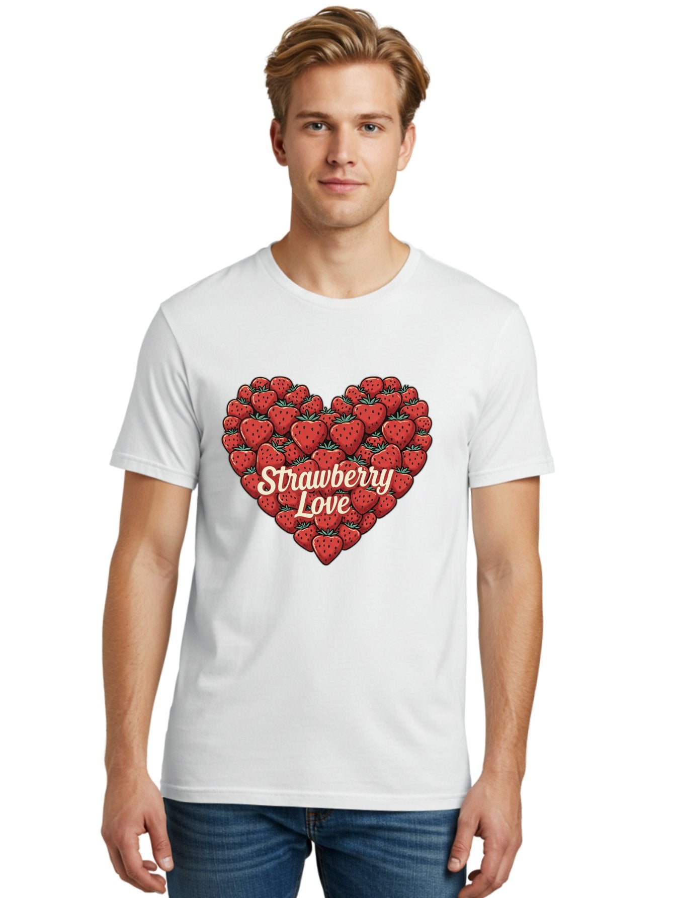 Strawberry-Love Men'S Graphic Tee, 100% Cotton, Comfortable Casual Summer Wear, Machine Washable, Strawberry Heart, Fruit Love, Red Strawberries, Sweet Treats, Tasty Fruits, Summer Fruits, Heart-Shaped Strawberries, Strawberry Graphics Bac479 24