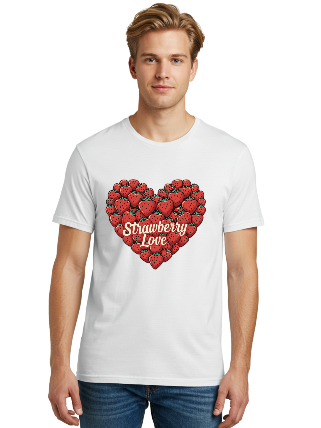 Strawberry-Love Men'S Graphic Tee, 100% Cotton, Comfortable Casual Summer Wear, Machine Washable, Strawberry Heart, Fruit Love, Red Strawberries, Sweet Treats, Tasty Fruits, Summer Fruits, Heart-Shaped Strawberries, Strawberry Graphics Bac479 22
