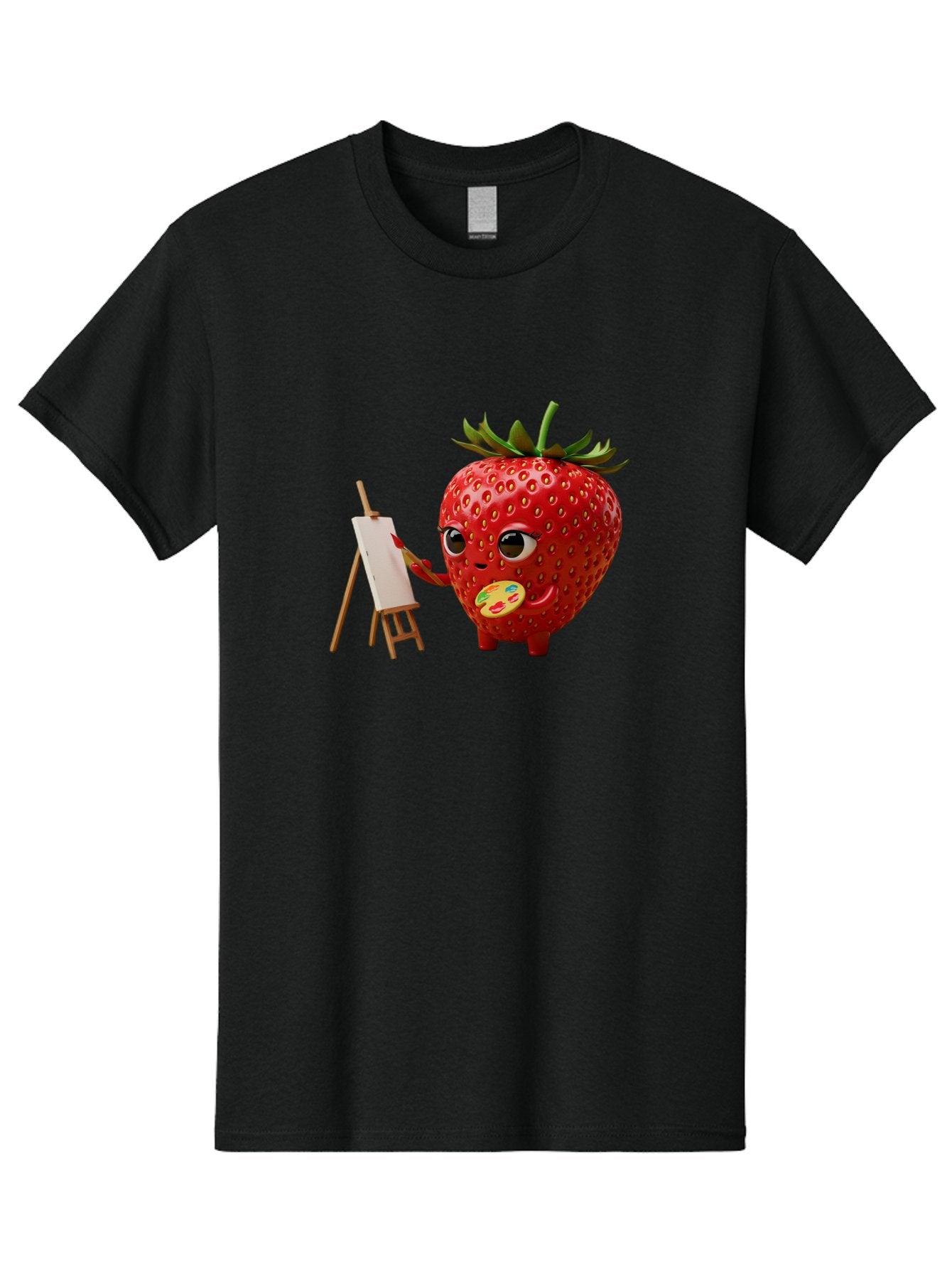 Strawberry-Painter Men'S Graphic Tee, 100% Cotton, Comfortable Casual Summer Wear, Machine Washable, Cartoon Strawberry Character, Painting On An Easel, Creative Art, Colorful Palette, Fruit Illustration, Vibrant Red Strawberry, Bac480 5