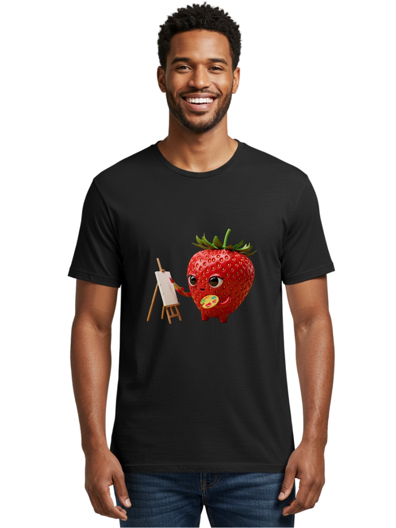 Strawberry-Painter Men'S Graphic Tee, 100% Cotton, Comfortable Casual Summer Wear, Machine Washable, Cartoon Strawberry Character, Painting On An Easel, Creative Art, Colorful Palette, Fruit Illustration, Vibrant Red Strawberry, Bac480 23