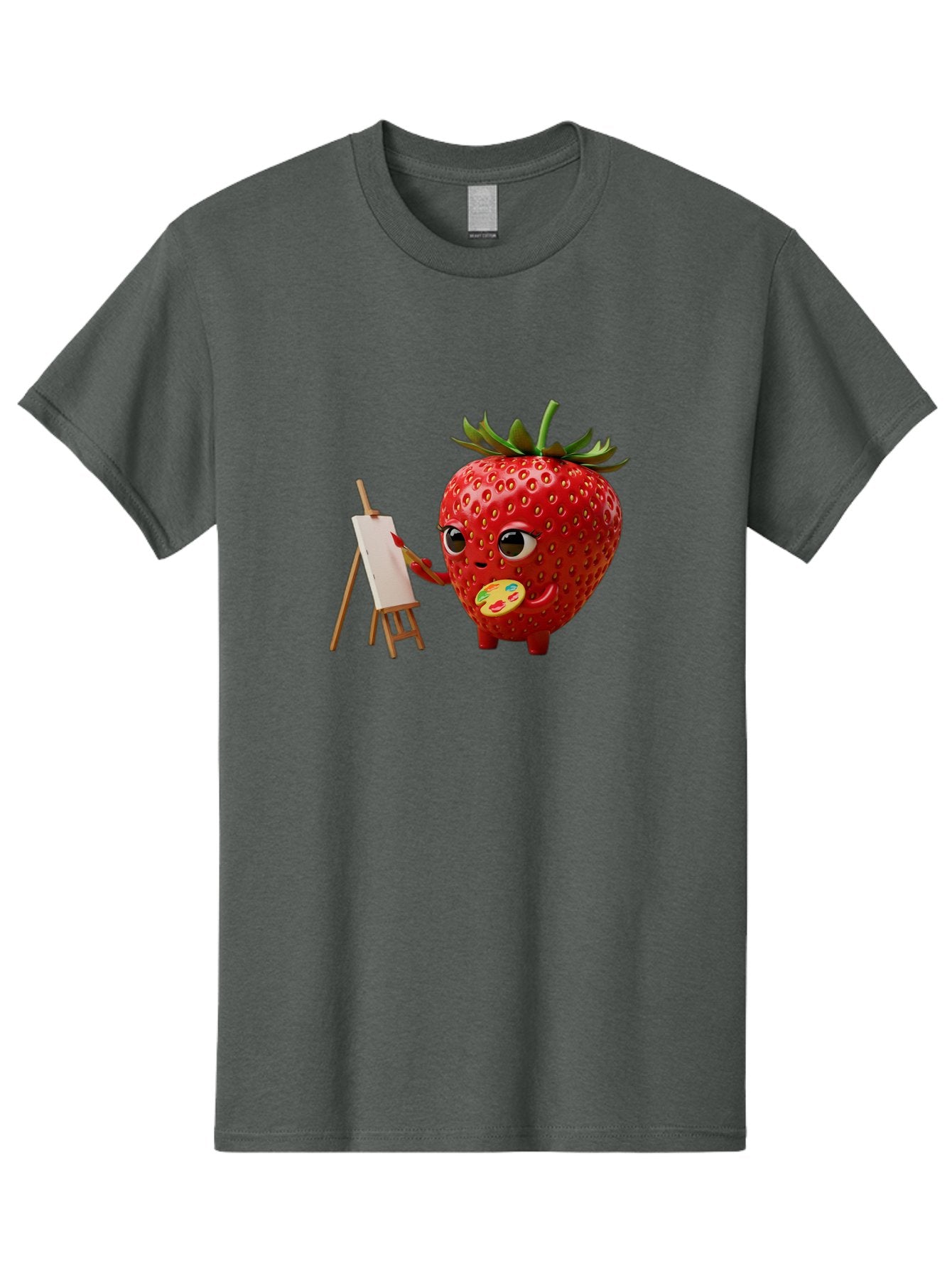 Strawberry-Painter Men'S Graphic Tee, 100% Cotton, Comfortable Casual Summer Wear, Machine Washable, Cartoon Strawberry Character, Painting On An Easel, Creative Art, Colorful Palette, Fruit Illustration, Vibrant Red Strawberry, Bac480 8
