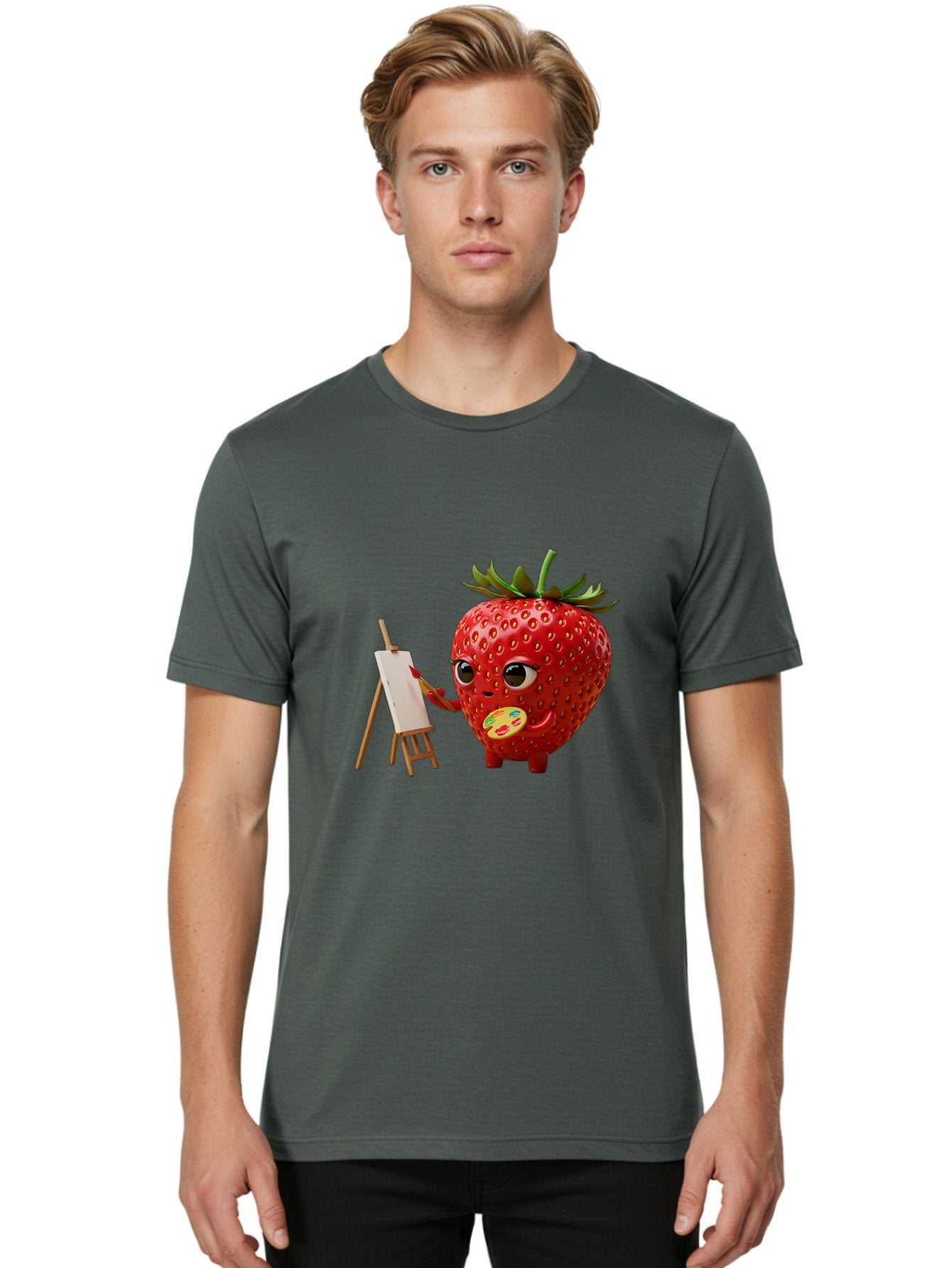 Strawberry-Painter Men'S Graphic Tee, 100% Cotton, Comfortable Casual Summer Wear, Machine Washable, Cartoon Strawberry Character, Painting On An Easel, Creative Art, Colorful Palette, Fruit Illustration, Vibrant Red Strawberry, Bac480 25