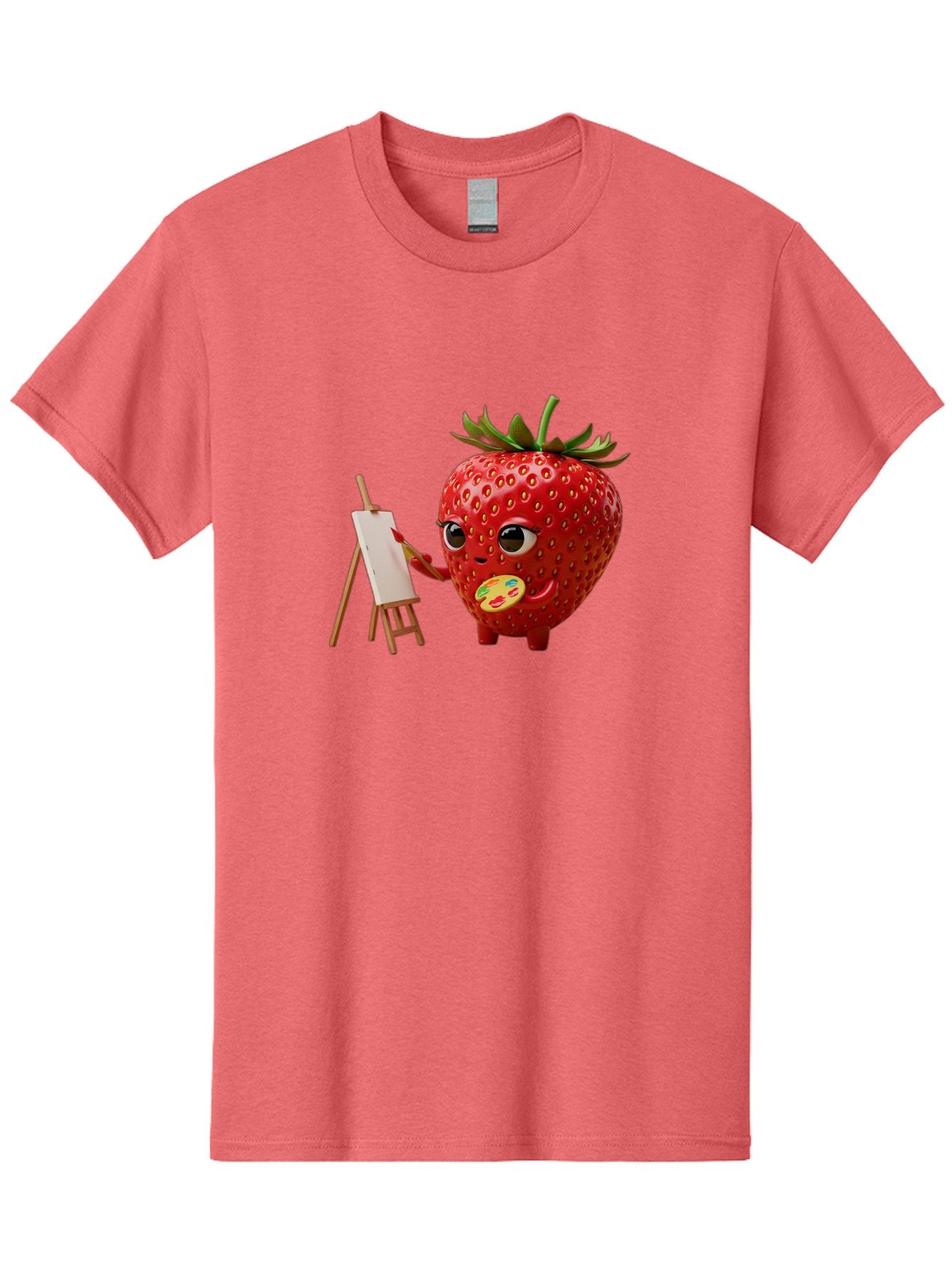Strawberry-Painter Men'S Graphic Tee, 100% Cotton, Comfortable Casual Summer Wear, Machine Washable, Cartoon Strawberry Character, Painting On An Easel, Creative Art, Colorful Palette, Fruit Illustration, Vibrant Red Strawberry, Bac480