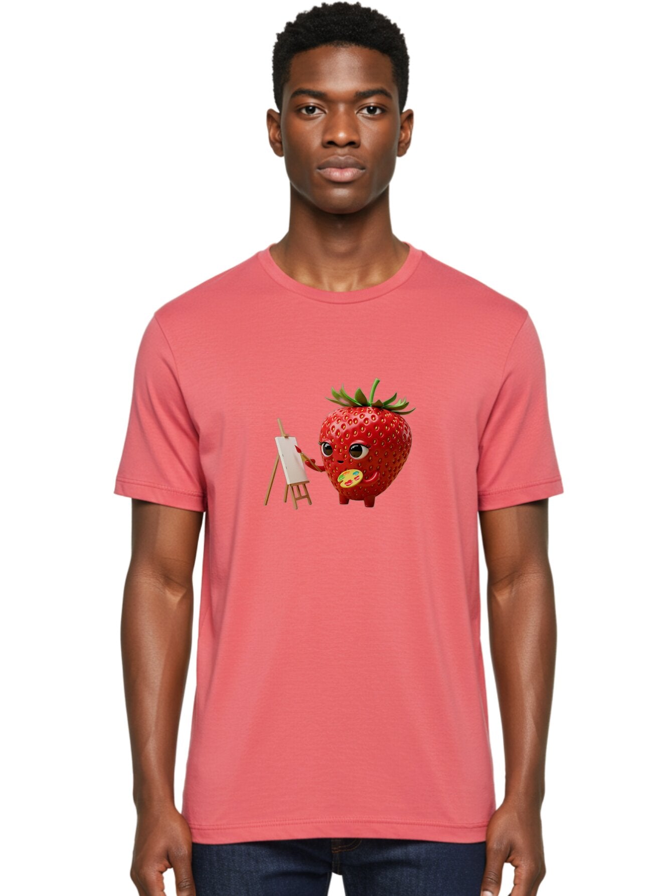 Strawberry-Painter Men'S Graphic Tee, 100% Cotton, Comfortable Casual Summer Wear, Machine Washable, Cartoon Strawberry Character, Painting On An Easel, Creative Art, Colorful Palette, Fruit Illustration, Vibrant Red Strawberry, Bac480 19