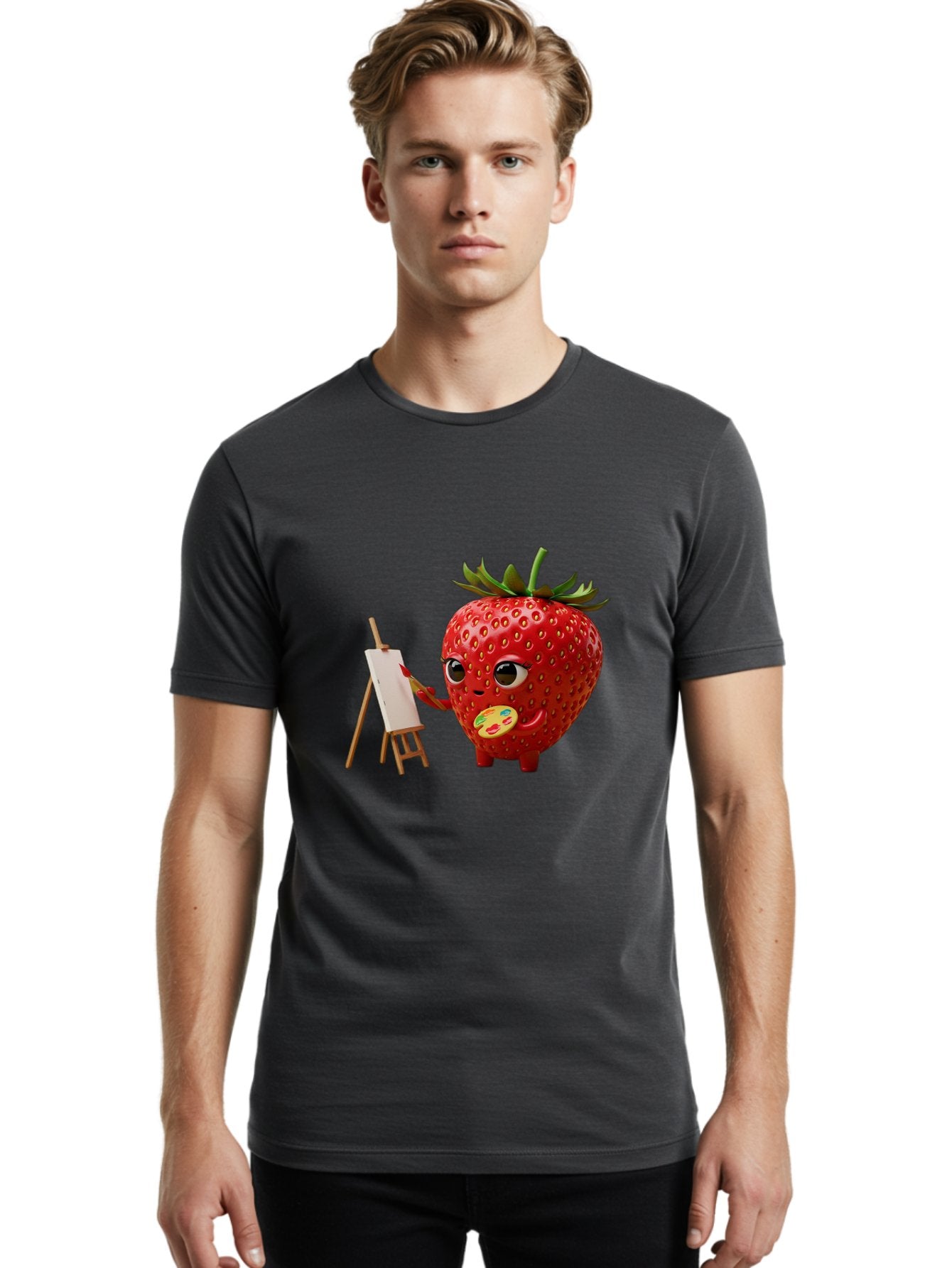 Strawberry-Painter Men'S Graphic Tee, 100% Cotton, Comfortable Casual Summer Wear, Machine Washable, Cartoon Strawberry Character, Painting On An Easel, Creative Art, Colorful Palette, Fruit Illustration, Vibrant Red Strawberry, Bac480 20