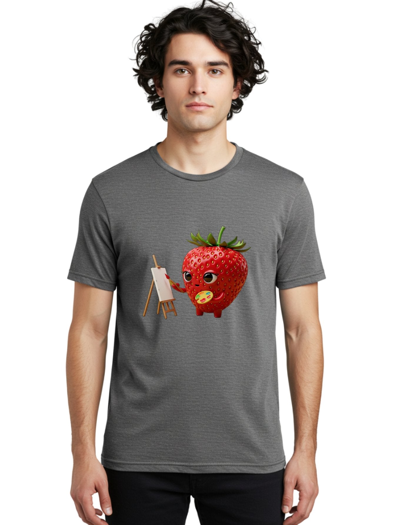 Strawberry-Painter Men'S Graphic Tee, 100% Cotton, Comfortable Casual Summer Wear, Machine Washable, Cartoon Strawberry Character, Painting On An Easel, Creative Art, Colorful Palette, Fruit Illustration, Vibrant Red Strawberry, Bac480 22