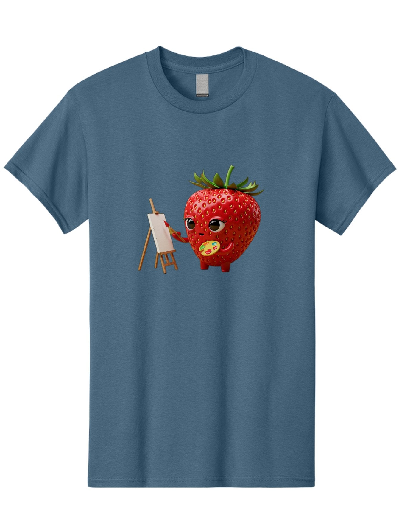Strawberry-Painter Men'S Graphic Tee, 100% Cotton, Comfortable Casual Summer Wear, Machine Washable, Cartoon Strawberry Character, Painting On An Easel, Creative Art, Colorful Palette, Fruit Illustration, Vibrant Red Strawberry, Bac480 15
