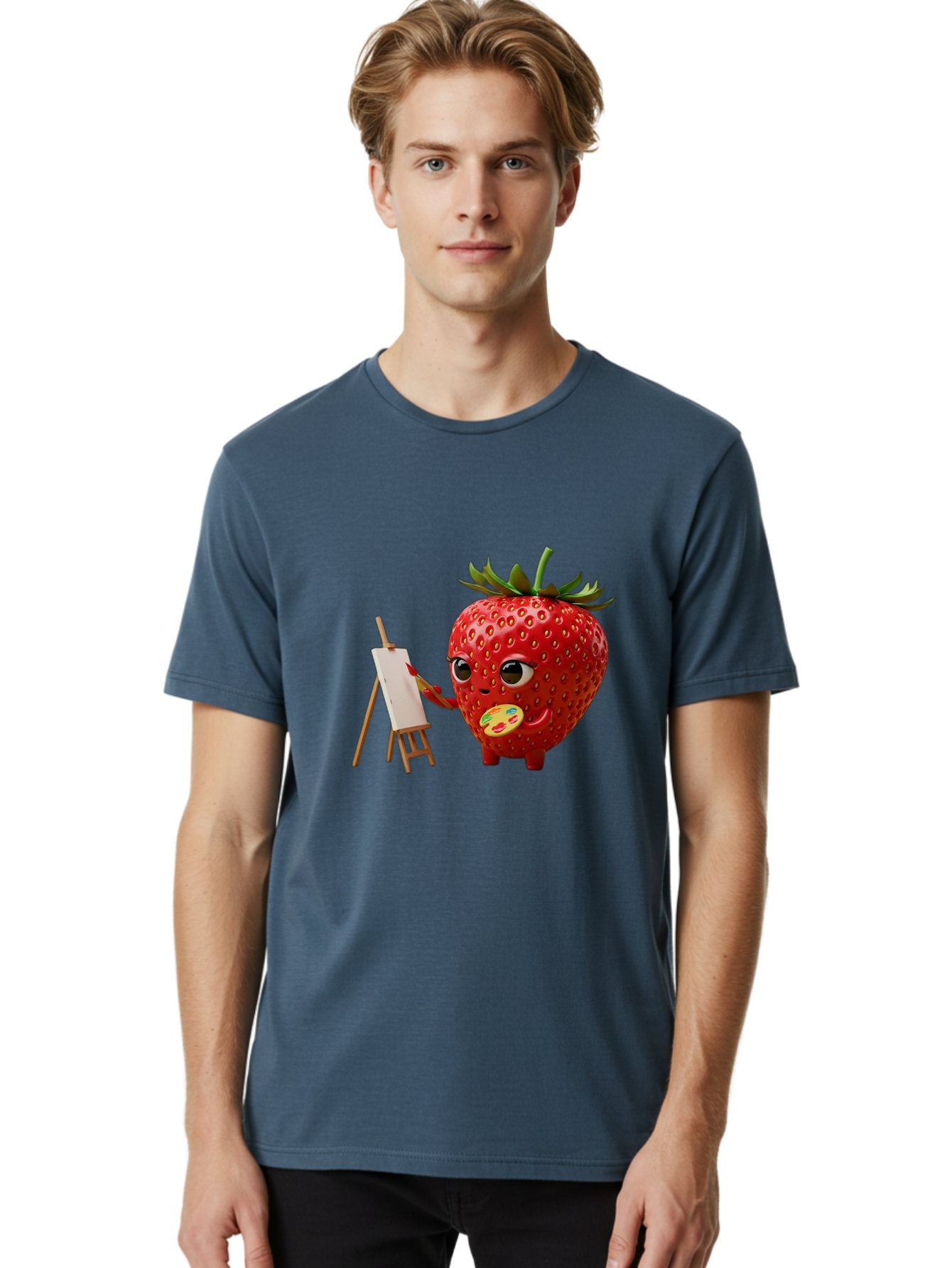 Strawberry-Painter Men'S Graphic Tee, 100% Cotton, Comfortable Casual Summer Wear, Machine Washable, Cartoon Strawberry Character, Painting On An Easel, Creative Art, Colorful Palette, Fruit Illustration, Vibrant Red Strawberry, Bac480 30