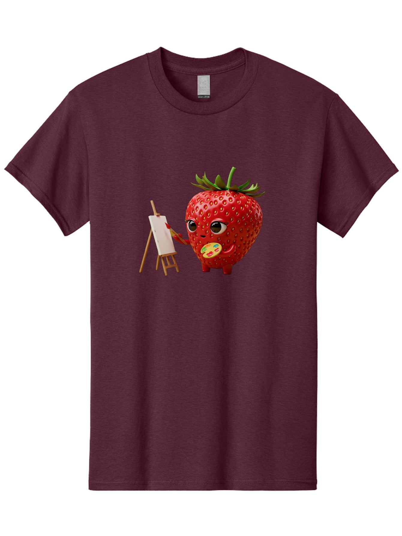 Strawberry-Painter Men'S Graphic Tee, 100% Cotton, Comfortable Casual Summer Wear, Machine Washable, Cartoon Strawberry Character, Painting On An Easel, Creative Art, Colorful Palette, Fruit Illustration, Vibrant Red Strawberry, Bac480 6