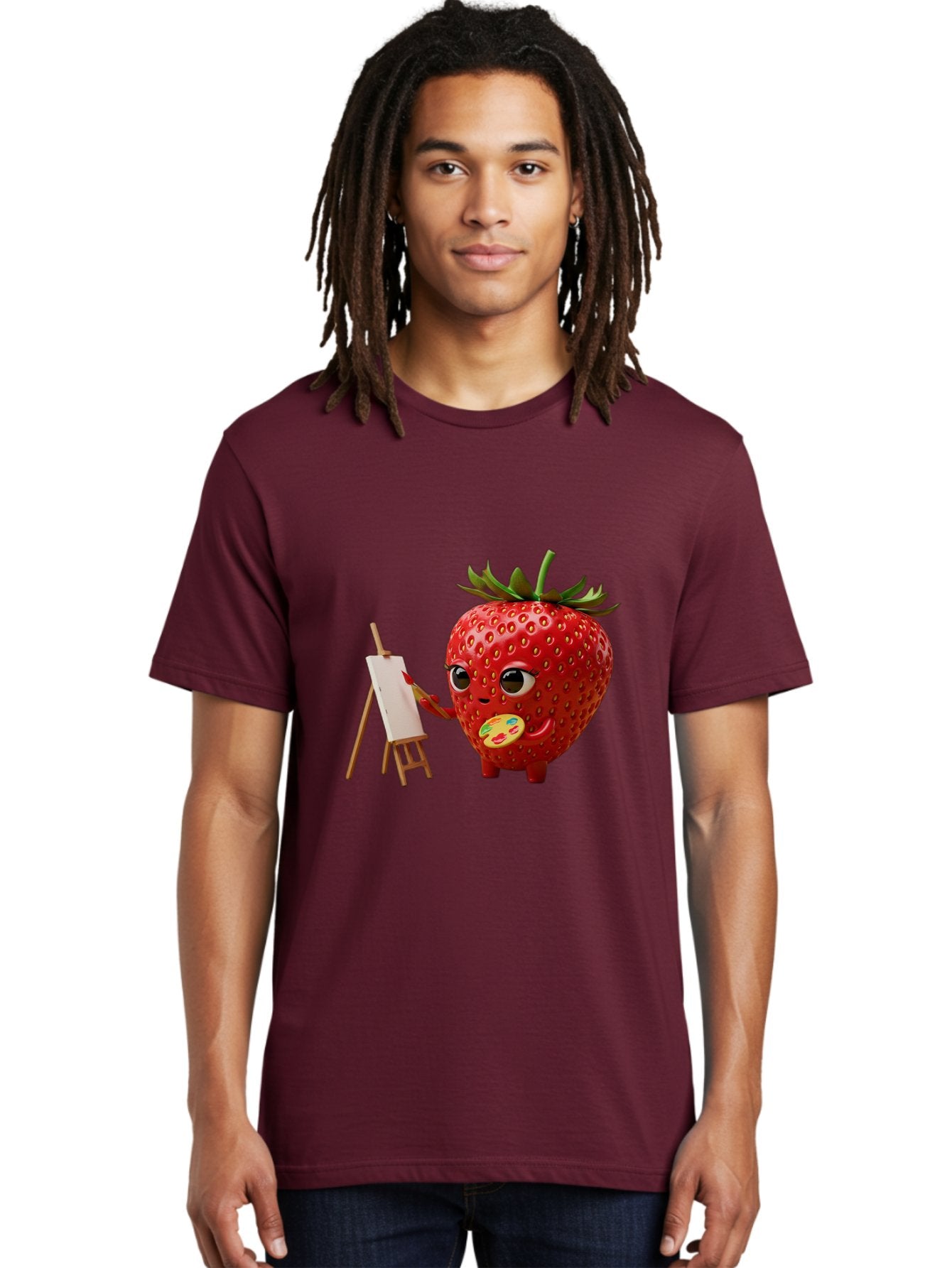 Strawberry-Painter Men'S Graphic Tee, 100% Cotton, Comfortable Casual Summer Wear, Machine Washable, Cartoon Strawberry Character, Painting On An Easel, Creative Art, Colorful Palette, Fruit Illustration, Vibrant Red Strawberry, Bac480 24
