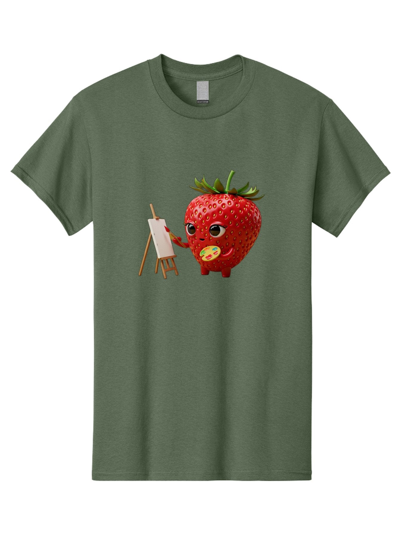 Strawberry-Painter Men'S Graphic Tee, 100% Cotton, Comfortable Casual Summer Wear, Machine Washable, Cartoon Strawberry Character, Painting On An Easel, Creative Art, Colorful Palette, Fruit Illustration, Vibrant Red Strawberry, Bac480