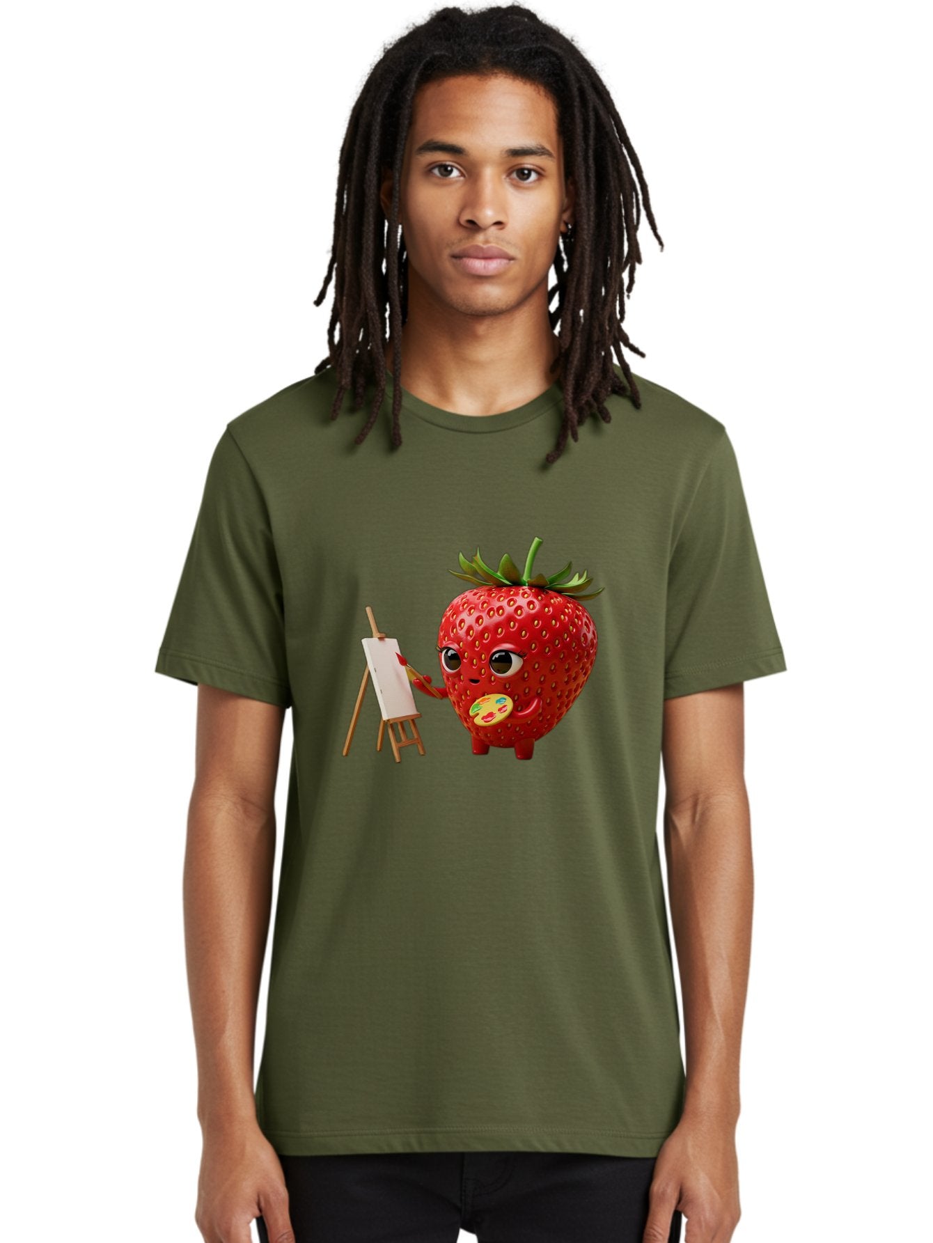 Strawberry-Painter Men'S Graphic Tee, 100% Cotton, Comfortable Casual Summer Wear, Machine Washable, Cartoon Strawberry Character, Painting On An Easel, Creative Art, Colorful Palette, Fruit Illustration, Vibrant Red Strawberry, Bac480 21