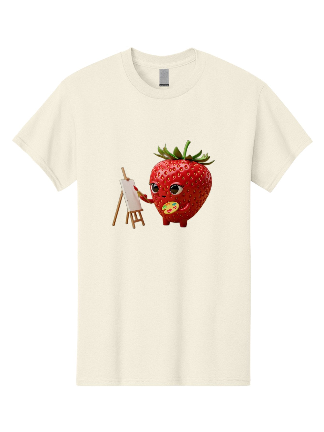 Strawberry-Painter Men'S Graphic Tee, 100% Cotton, Comfortable Casual Summer Wear, Machine Washable, Cartoon Strawberry Character, Painting On An Easel, Creative Art, Colorful Palette, Fruit Illustration, Vibrant Red Strawberry, Bac480 9