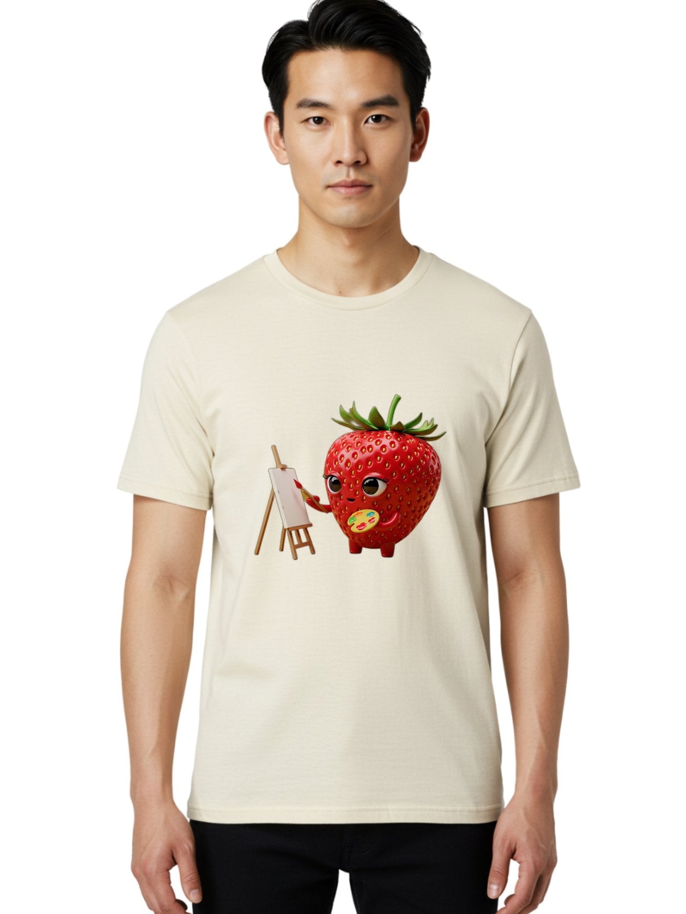 Strawberry-Painter Men'S Graphic Tee, 100% Cotton, Comfortable Casual Summer Wear, Machine Washable, Cartoon Strawberry Character, Painting On An Easel, Creative Art, Colorful Palette, Fruit Illustration, Vibrant Red Strawberry, Bac480 26