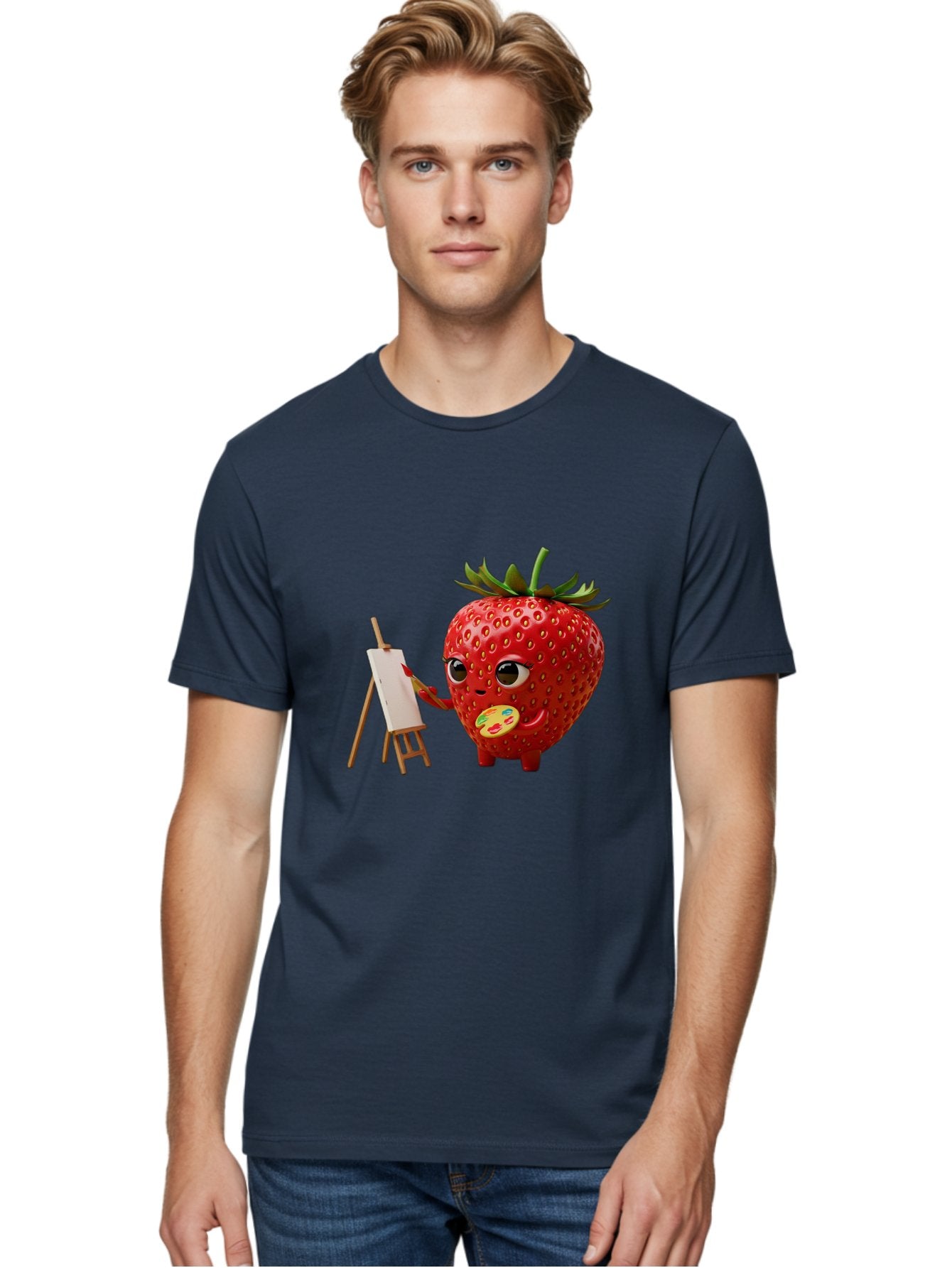 Strawberry-Painter Men'S Graphic Tee, 100% Cotton, Comfortable Casual Summer Wear, Machine Washable, Cartoon Strawberry Character, Painting On An Easel, Creative Art, Colorful Palette, Fruit Illustration, Vibrant Red Strawberry, Bac480 18
