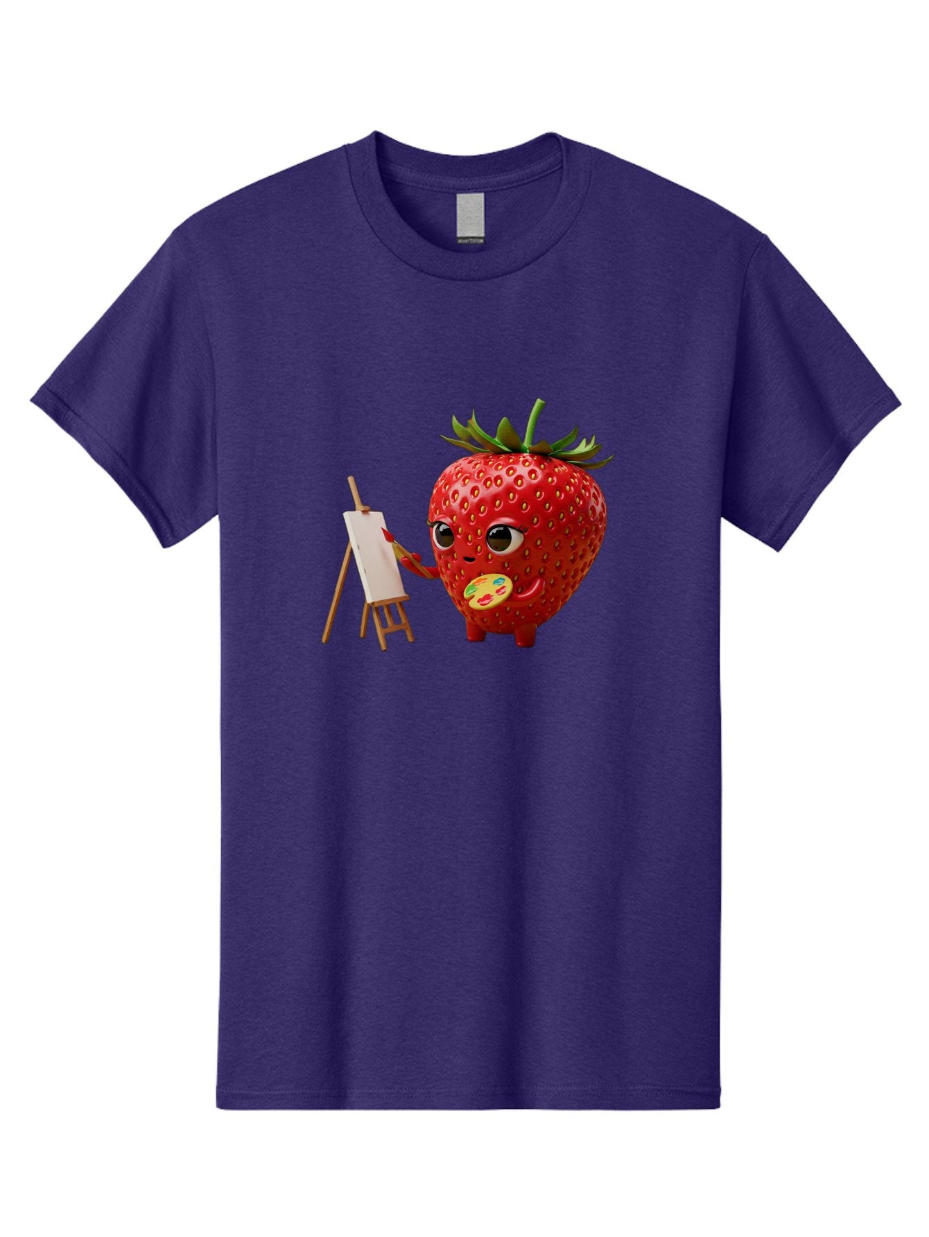 Strawberry-Painter Men'S Graphic Tee, 100% Cotton, Comfortable Casual Summer Wear, Machine Washable, Cartoon Strawberry Character, Painting On An Easel, Creative Art, Colorful Palette, Fruit Illustration, Vibrant Red Strawberry, Bac480 10
