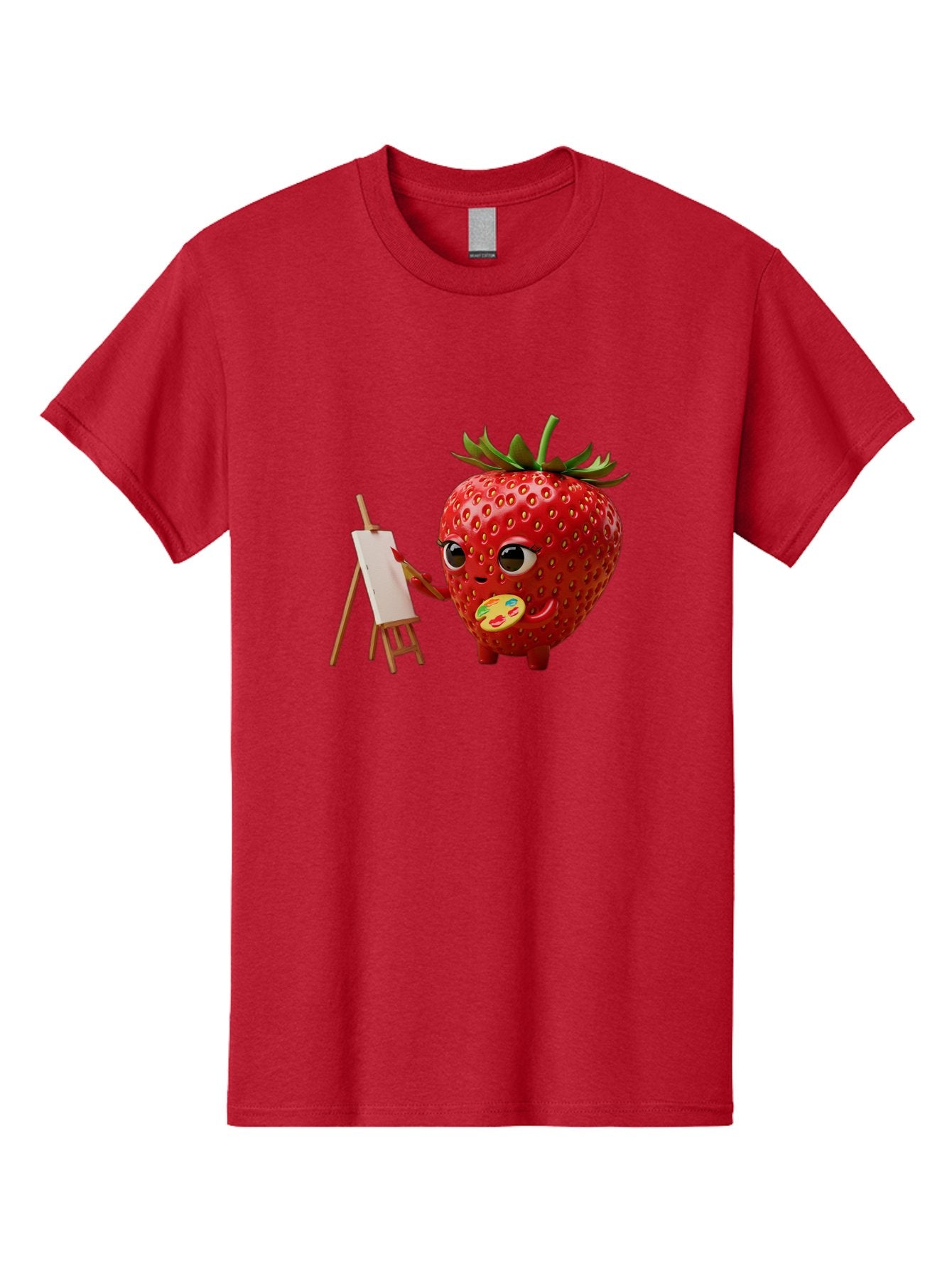 Strawberry-Painter Men'S Graphic Tee, 100% Cotton, Comfortable Casual Summer Wear, Machine Washable, Cartoon Strawberry Character, Painting On An Easel, Creative Art, Colorful Palette, Fruit Illustration, Vibrant Red Strawberry, Bac480 11