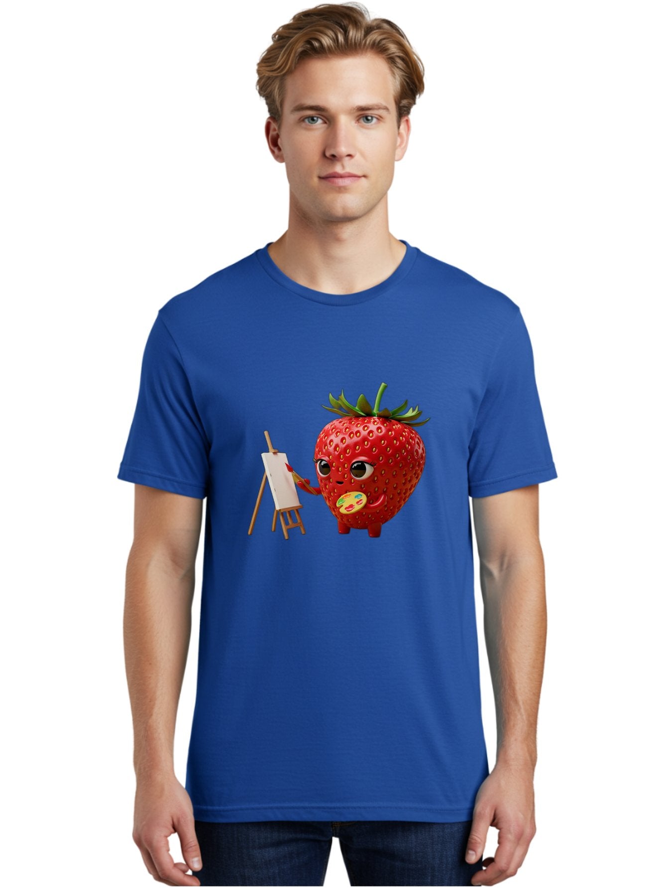 Strawberry-Painter Men'S Graphic Tee, 100% Cotton, Comfortable Casual Summer Wear, Machine Washable, Cartoon Strawberry Character, Painting On An Easel, Creative Art, Colorful Palette, Fruit Illustration, Vibrant Red Strawberry, Bac480 16