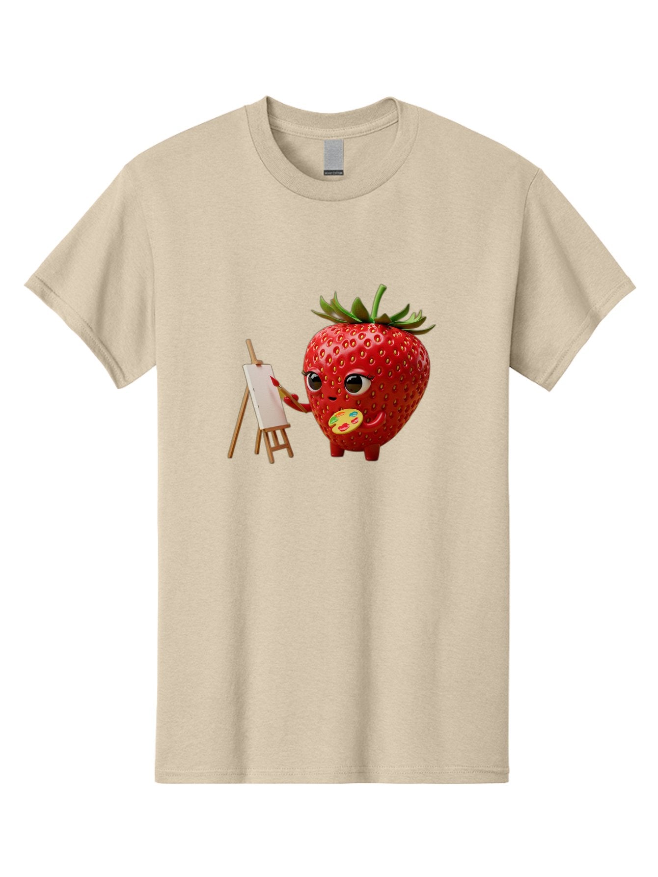 Strawberry-Painter Men'S Graphic Tee, 100% Cotton, Comfortable Casual Summer Wear, Machine Washable, Cartoon Strawberry Character, Painting On An Easel, Creative Art, Colorful Palette, Fruit Illustration, Vibrant Red Strawberry, Bac480 12