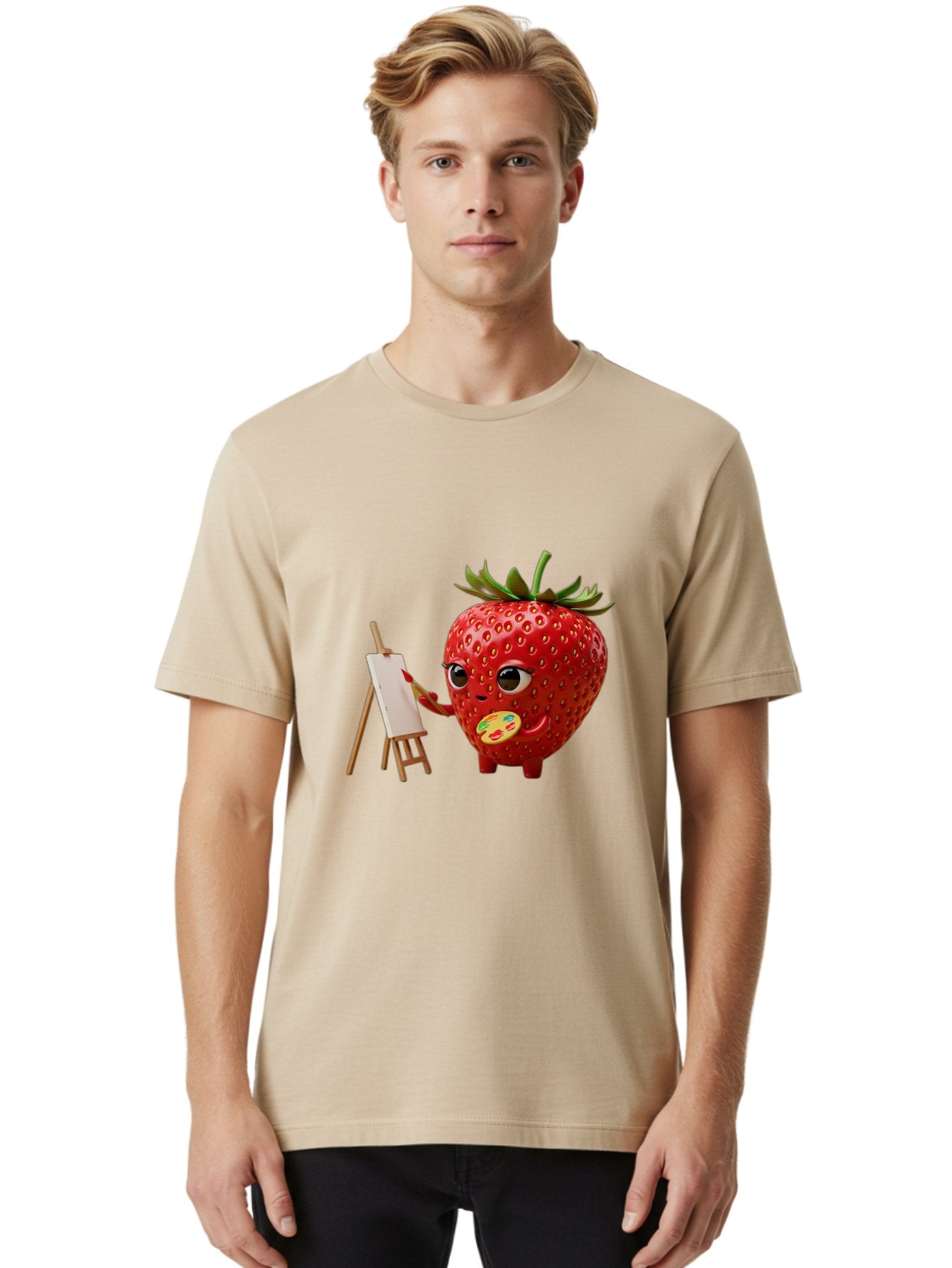 Strawberry-Painter Men'S Graphic Tee, 100% Cotton, Comfortable Casual Summer Wear, Machine Washable, Cartoon Strawberry Character, Painting On An Easel, Creative Art, Colorful Palette, Fruit Illustration, Vibrant Red Strawberry, Bac480 28