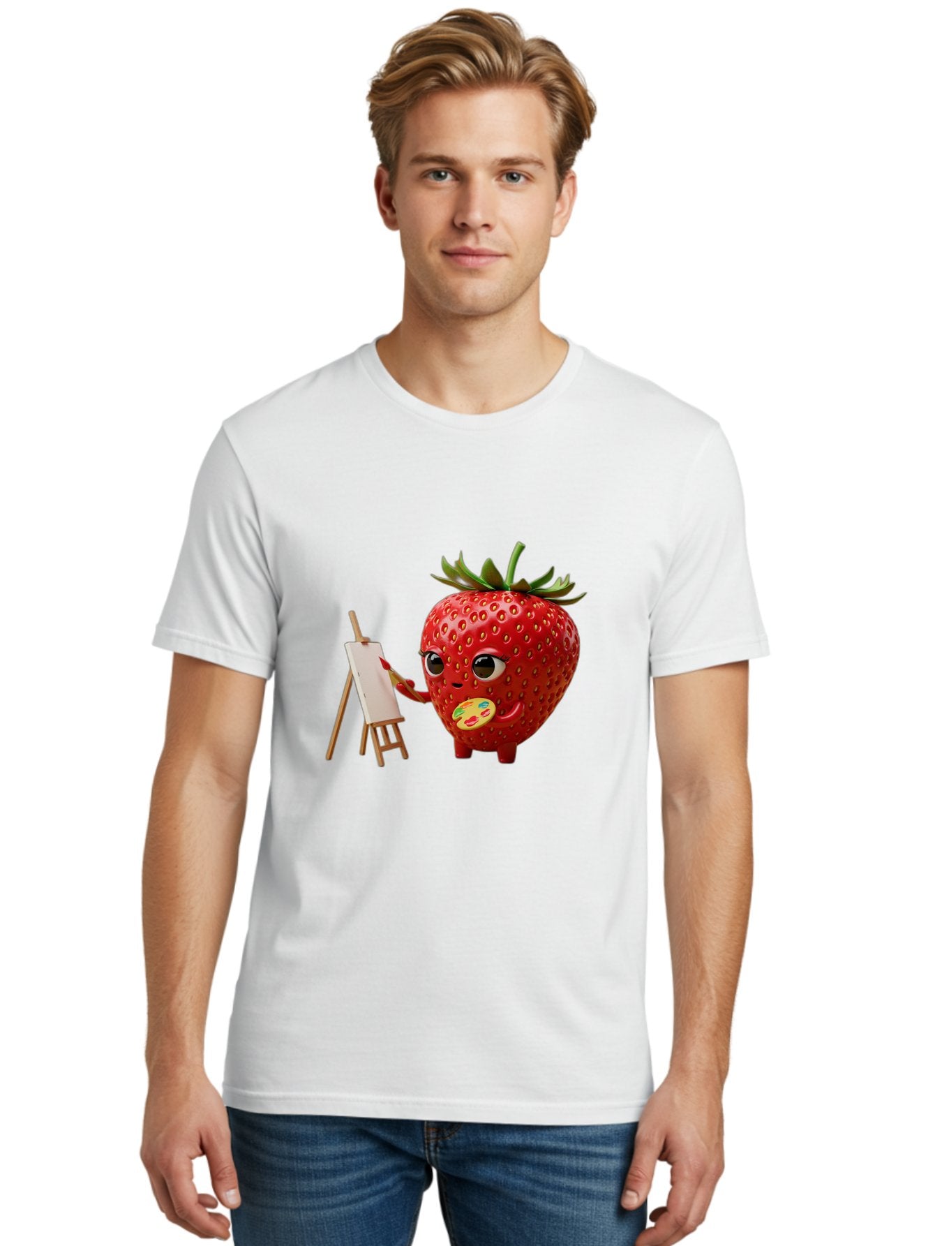 Strawberry-Painter Men'S Graphic Tee, 100% Cotton, Comfortable Casual Summer Wear, Machine Washable, Cartoon Strawberry Character, Painting On An Easel, Creative Art, Colorful Palette, Fruit Illustration, Vibrant Red Strawberry, Bac480 29