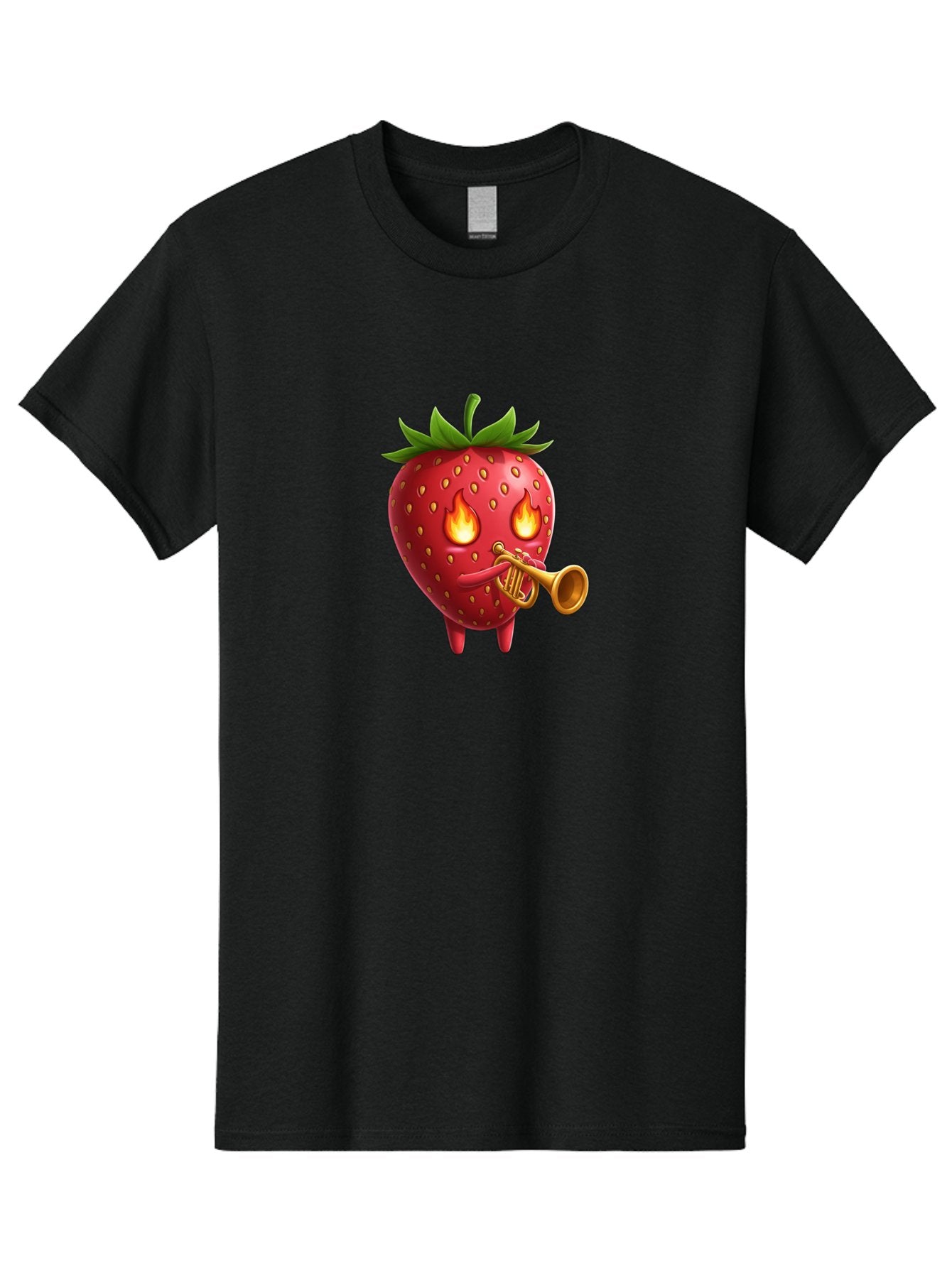 Strawberry-Playing-Trumpet Men'S Graphic Tee, 100% Cotton, Comfortable Casual Summer Wear, Machine Washable, Cartoon Strawberry, Playing Trumpet, Fire Eyes, Vibrant Red, Whimsical Character, Fun Illustration, Quirky Design, Humorous Art, Bac482 11