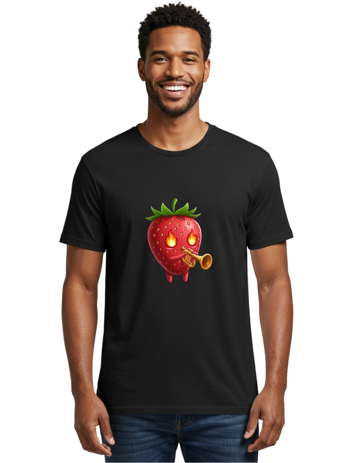 Strawberry-Playing-Trumpet Men'S Graphic Tee, 100% Cotton, Comfortable Casual Summer Wear, Machine Washable, Cartoon Strawberry, Playing Trumpet, Fire Eyes, Vibrant Red, Whimsical Character, Fun Illustration, Quirky Design, Humorous Art, Bac482 27