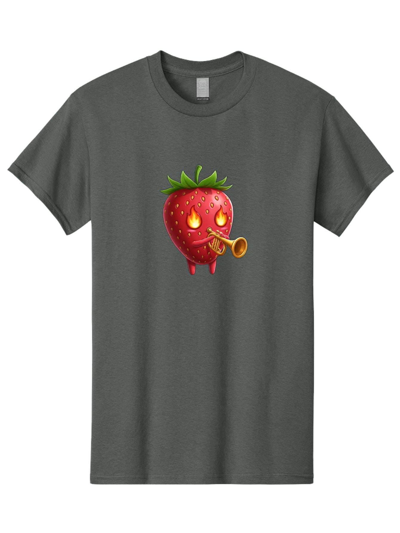 Strawberry-Playing-Trumpet Men'S Graphic Tee, 100% Cotton, Comfortable Casual Summer Wear, Machine Washable, Cartoon Strawberry, Playing Trumpet, Fire Eyes, Vibrant Red, Whimsical Character, Fun Illustration, Quirky Design, Humorous Art, Bac482