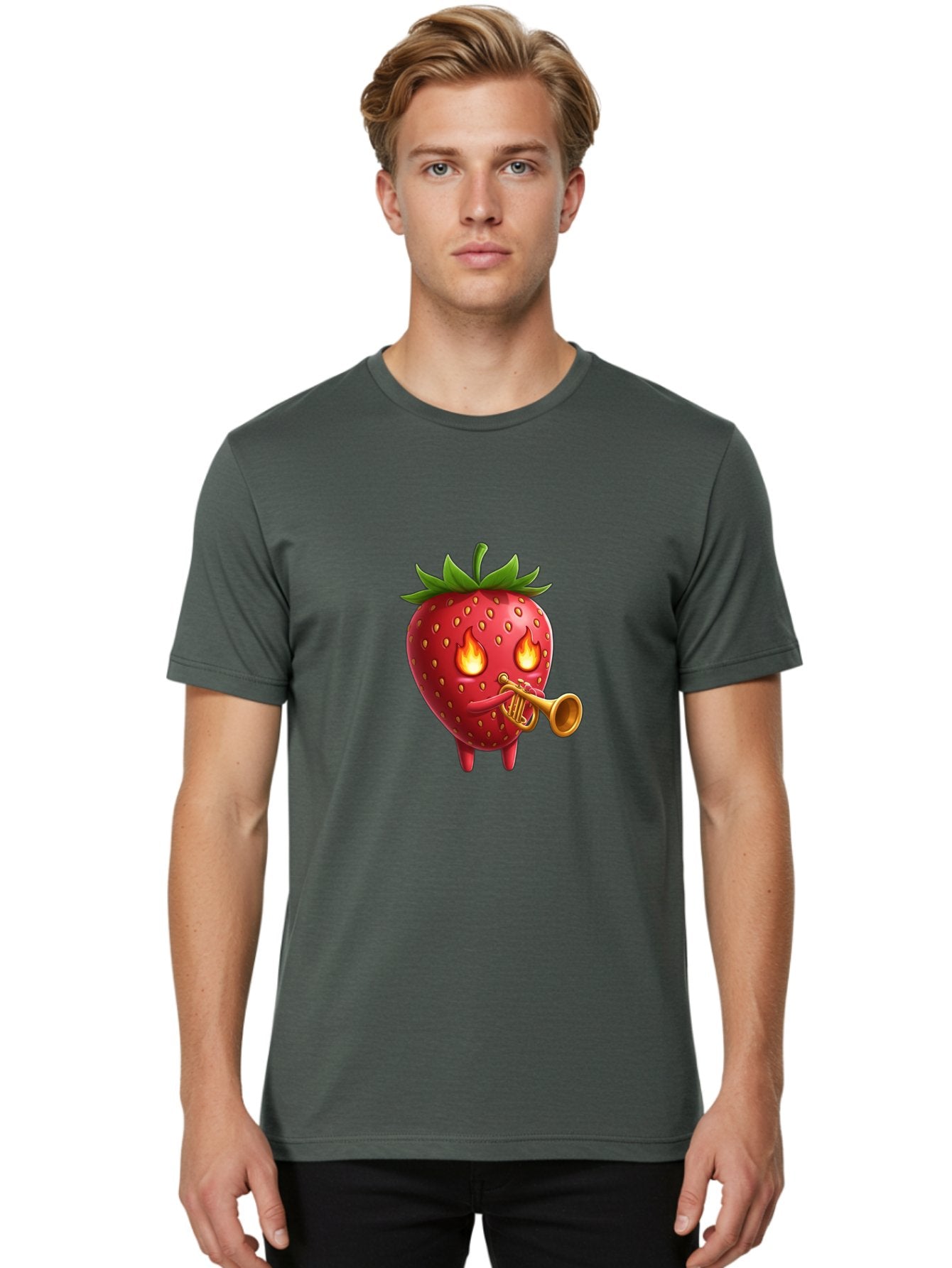 Strawberry-Playing-Trumpet Men'S Graphic Tee, 100% Cotton, Comfortable Casual Summer Wear, Machine Washable, Cartoon Strawberry, Playing Trumpet, Fire Eyes, Vibrant Red, Whimsical Character, Fun Illustration, Quirky Design, Humorous Art, Bac482 21