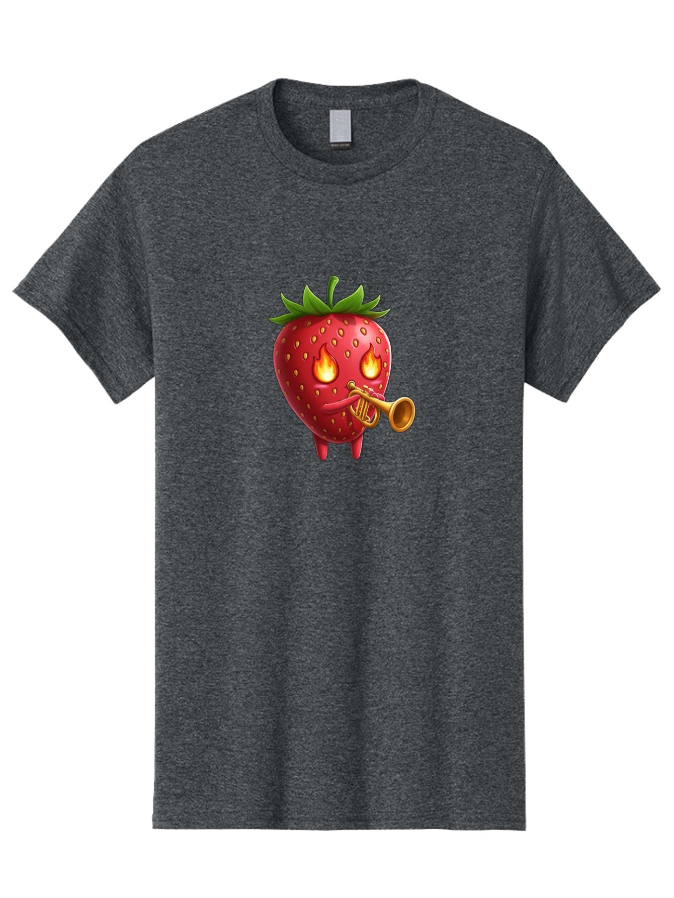 Strawberry-Playing-Trumpet Men'S Graphic Tee, 100% Cotton, Comfortable Casual Summer Wear, Machine Washable, Cartoon Strawberry, Playing Trumpet, Fire Eyes, Vibrant Red, Whimsical Character, Fun Illustration, Quirky Design, Humorous Art, Bac482 13