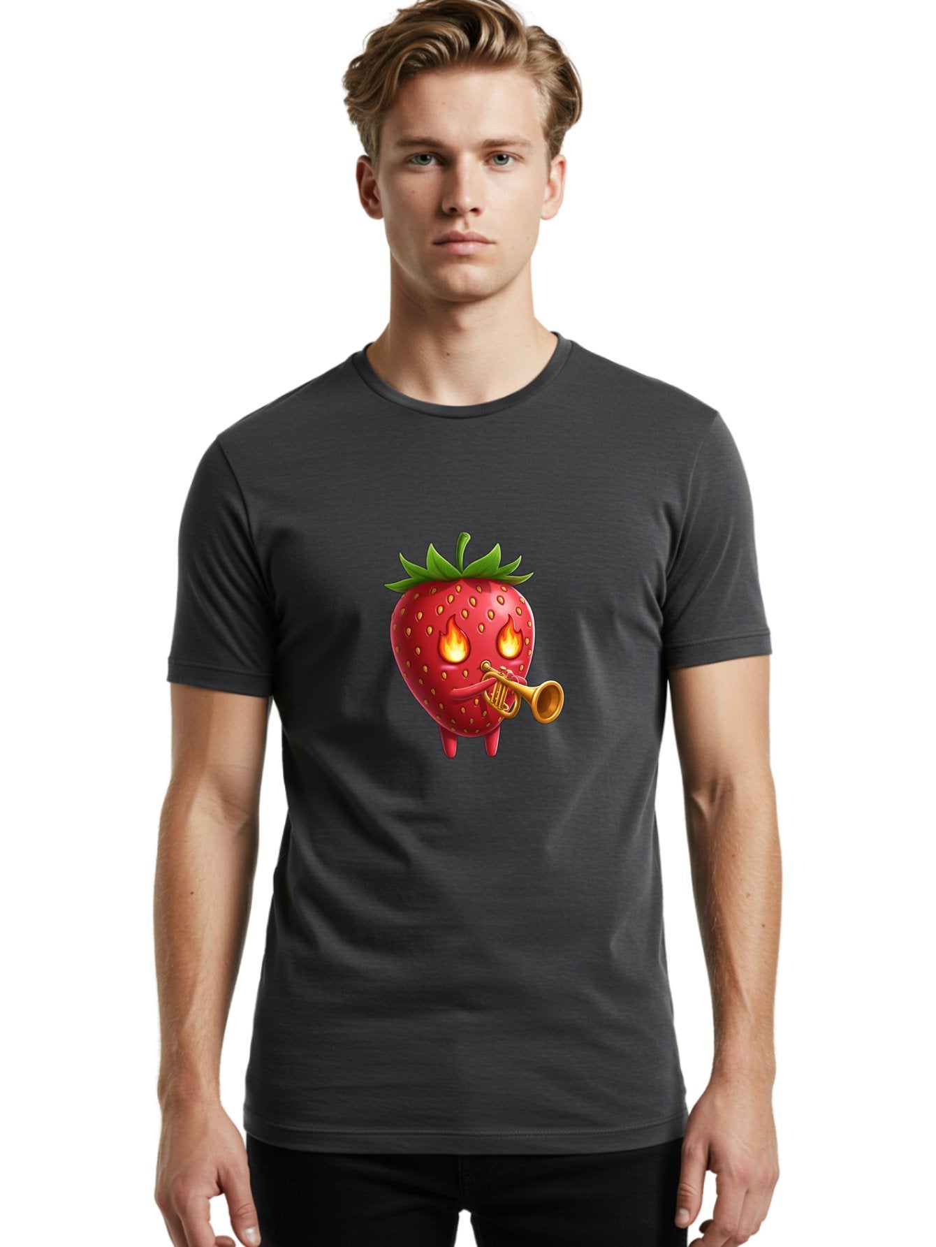 Strawberry-Playing-Trumpet Men'S Graphic Tee, 100% Cotton, Comfortable Casual Summer Wear, Machine Washable, Cartoon Strawberry, Playing Trumpet, Fire Eyes, Vibrant Red, Whimsical Character, Fun Illustration, Quirky Design, Humorous Art, Bac482 20