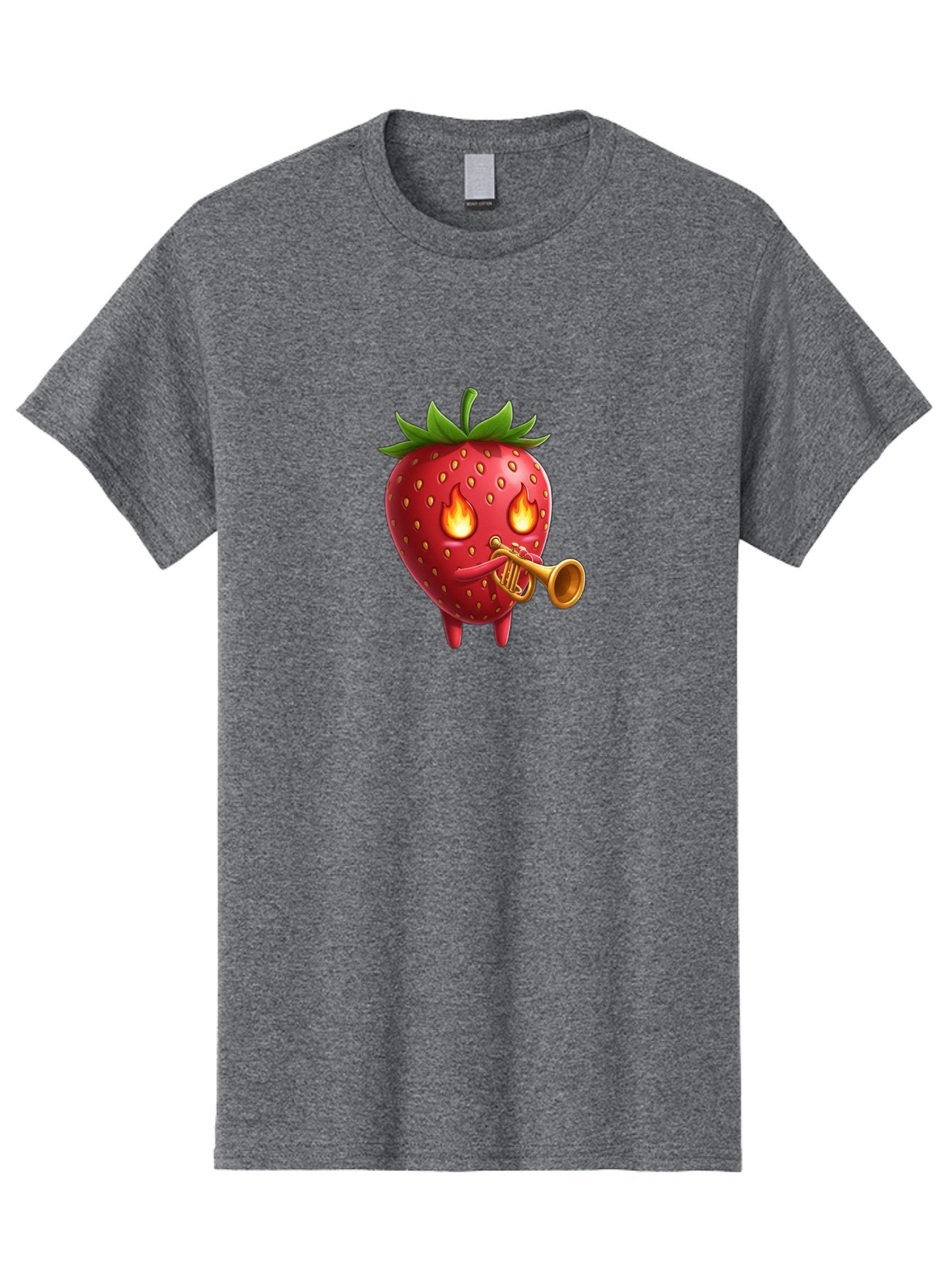 Strawberry-Playing-Trumpet Men'S Graphic Tee, 100% Cotton, Comfortable Casual Summer Wear, Machine Washable, Cartoon Strawberry, Playing Trumpet, Fire Eyes, Vibrant Red, Whimsical Character, Fun Illustration, Quirky Design, Humorous Art, Bac482 6