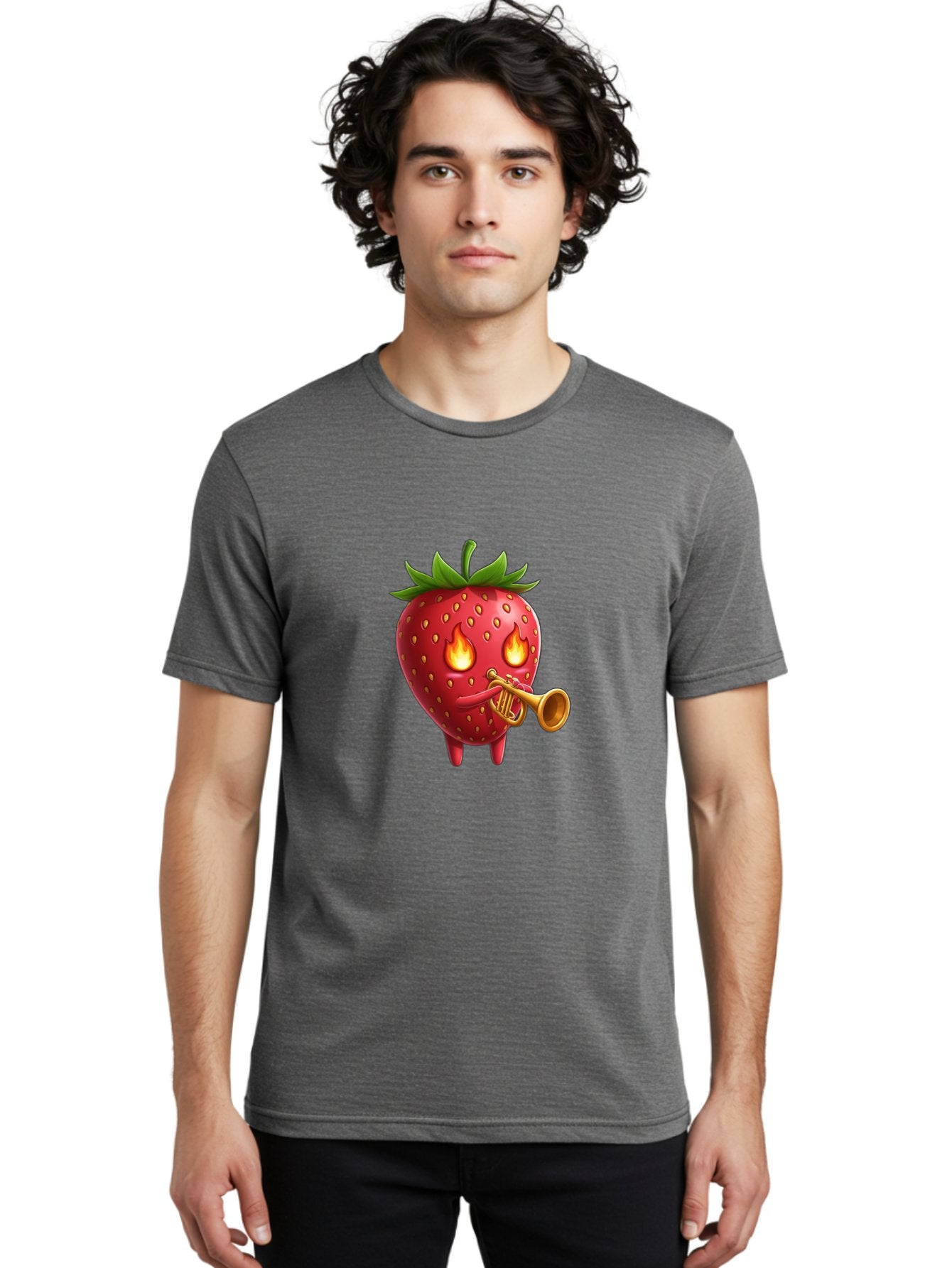 Strawberry-Playing-Trumpet Men'S Graphic Tee, 100% Cotton, Comfortable Casual Summer Wear, Machine Washable, Cartoon Strawberry, Playing Trumpet, Fire Eyes, Vibrant Red, Whimsical Character, Fun Illustration, Quirky Design, Humorous Art, Bac482 24