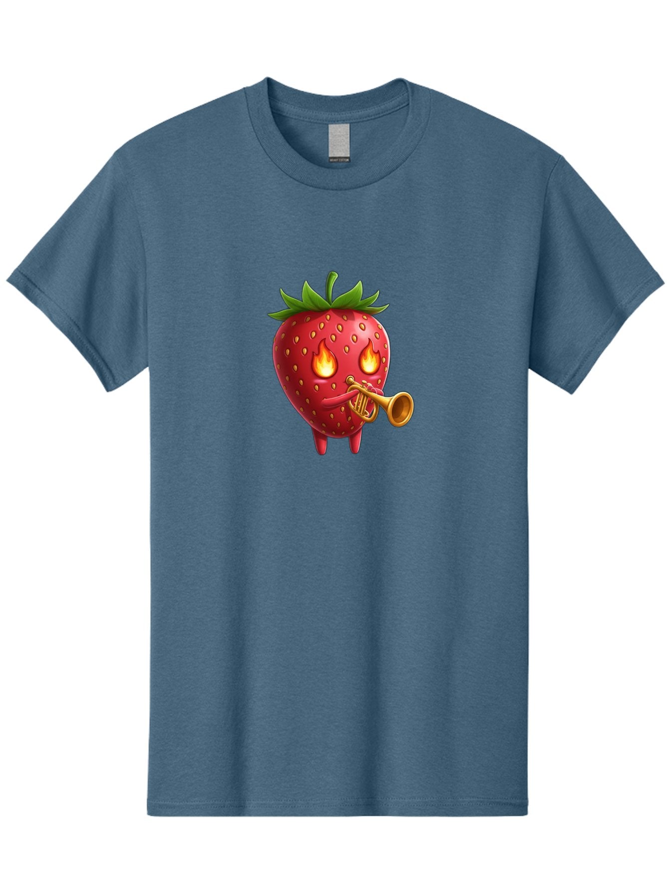 Strawberry-Playing-Trumpet Men'S Graphic Tee, 100% Cotton, Comfortable Casual Summer Wear, Machine Washable, Cartoon Strawberry, Playing Trumpet, Fire Eyes, Vibrant Red, Whimsical Character, Fun Illustration, Quirky Design, Humorous Art, Bac482 4