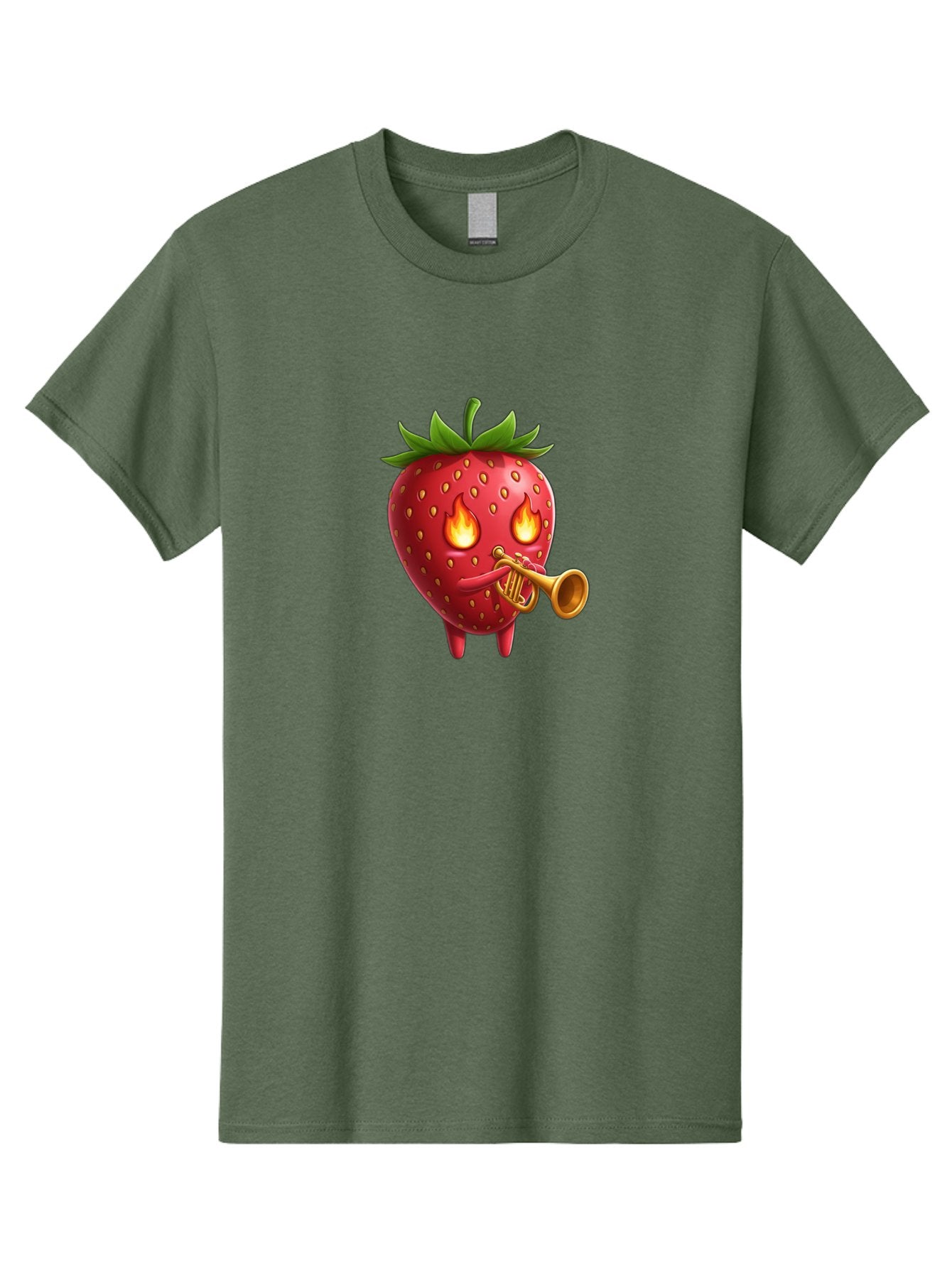 Strawberry-Playing-Trumpet Men'S Graphic Tee, 100% Cotton, Comfortable Casual Summer Wear, Machine Washable, Cartoon Strawberry, Playing Trumpet, Fire Eyes, Vibrant Red, Whimsical Character, Fun Illustration, Quirky Design, Humorous Art, Bac482 7