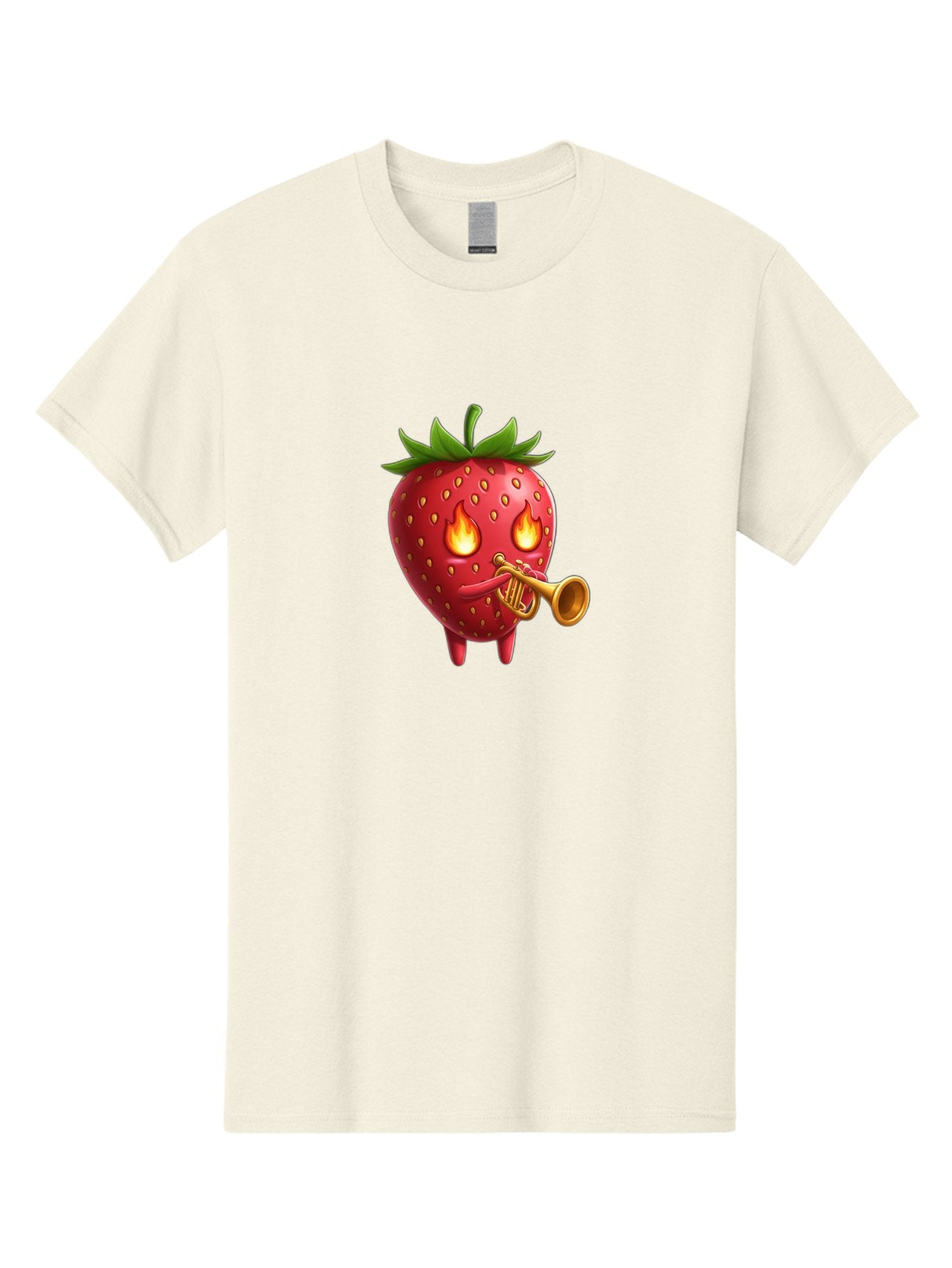 Strawberry-Playing-Trumpet Men'S Graphic Tee, 100% Cotton, Comfortable Casual Summer Wear, Machine Washable, Cartoon Strawberry, Playing Trumpet, Fire Eyes, Vibrant Red, Whimsical Character, Fun Illustration, Quirky Design, Humorous Art, Bac482 12