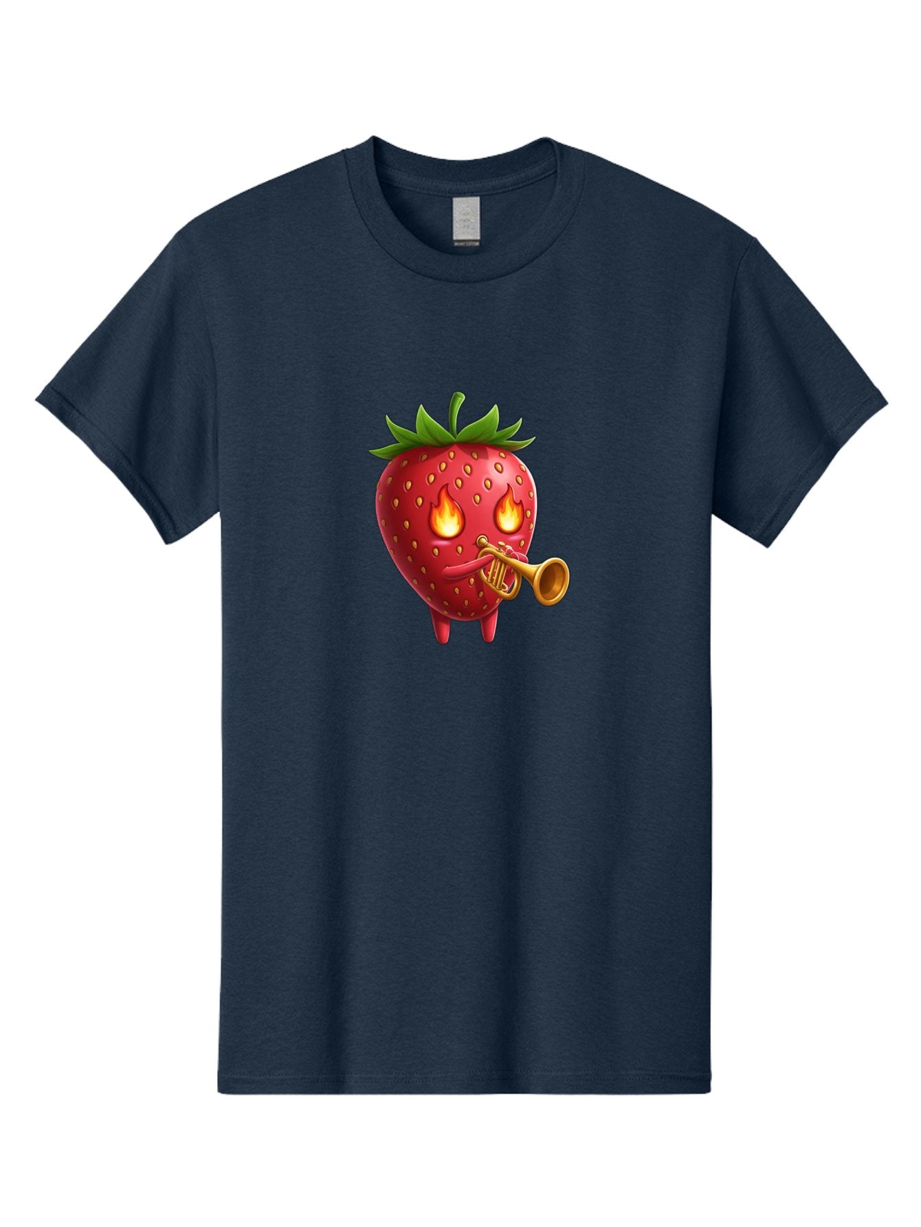 Strawberry-Playing-Trumpet Men'S Graphic Tee, 100% Cotton, Comfortable Casual Summer Wear, Machine Washable, Cartoon Strawberry, Playing Trumpet, Fire Eyes, Vibrant Red, Whimsical Character, Fun Illustration, Quirky Design, Humorous Art, Bac482 8