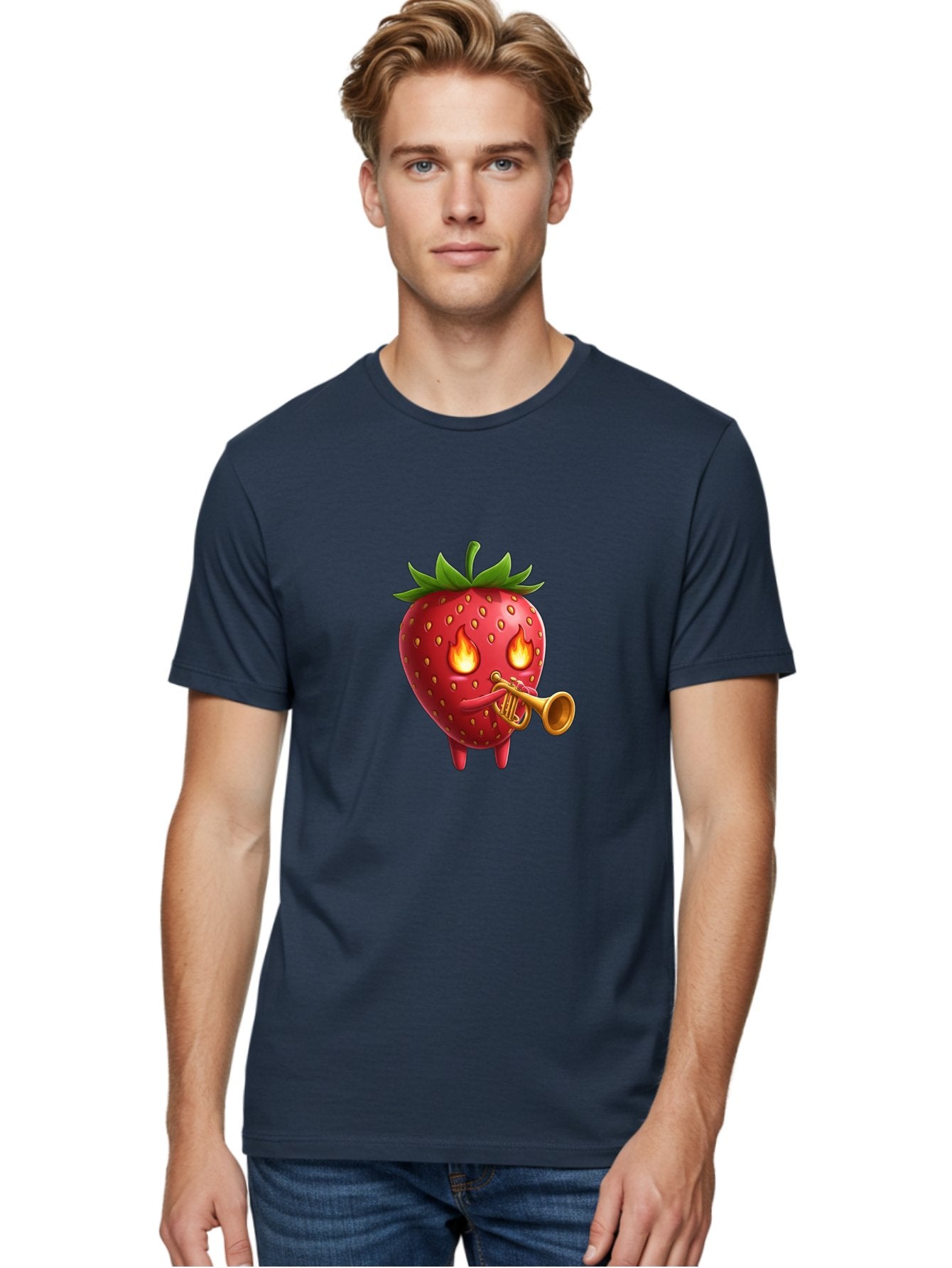 Strawberry-Playing-Trumpet Men'S Graphic Tee, 100% Cotton, Comfortable Casual Summer Wear, Machine Washable, Cartoon Strawberry, Playing Trumpet, Fire Eyes, Vibrant Red, Whimsical Character, Fun Illustration, Quirky Design, Humorous Art, Bac482 25