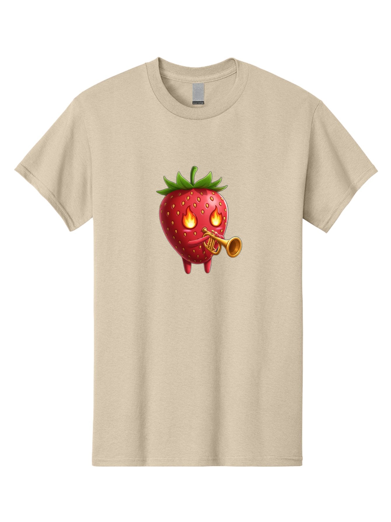Strawberry-Playing-Trumpet Men'S Graphic Tee, 100% Cotton, Comfortable Casual Summer Wear, Machine Washable, Cartoon Strawberry, Playing Trumpet, Fire Eyes, Vibrant Red, Whimsical Character, Fun Illustration, Quirky Design, Humorous Art, Bac482 15