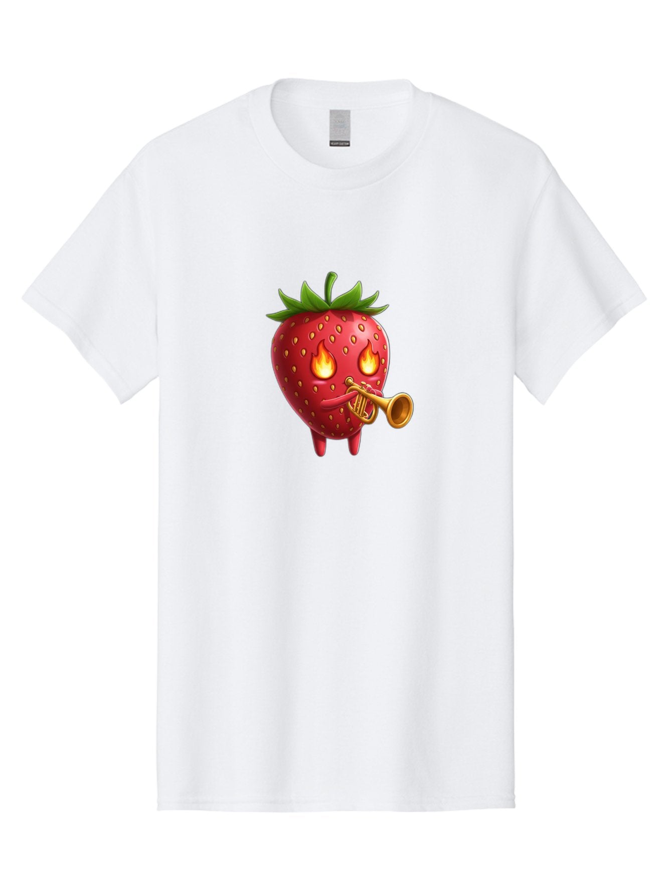 Strawberry-Playing-Trumpet Men'S Graphic Tee, 100% Cotton, Comfortable Casual Summer Wear, Machine Washable, Cartoon Strawberry, Playing Trumpet, Fire Eyes, Vibrant Red, Whimsical Character, Fun Illustration, Quirky Design, Humorous Art, Bac482