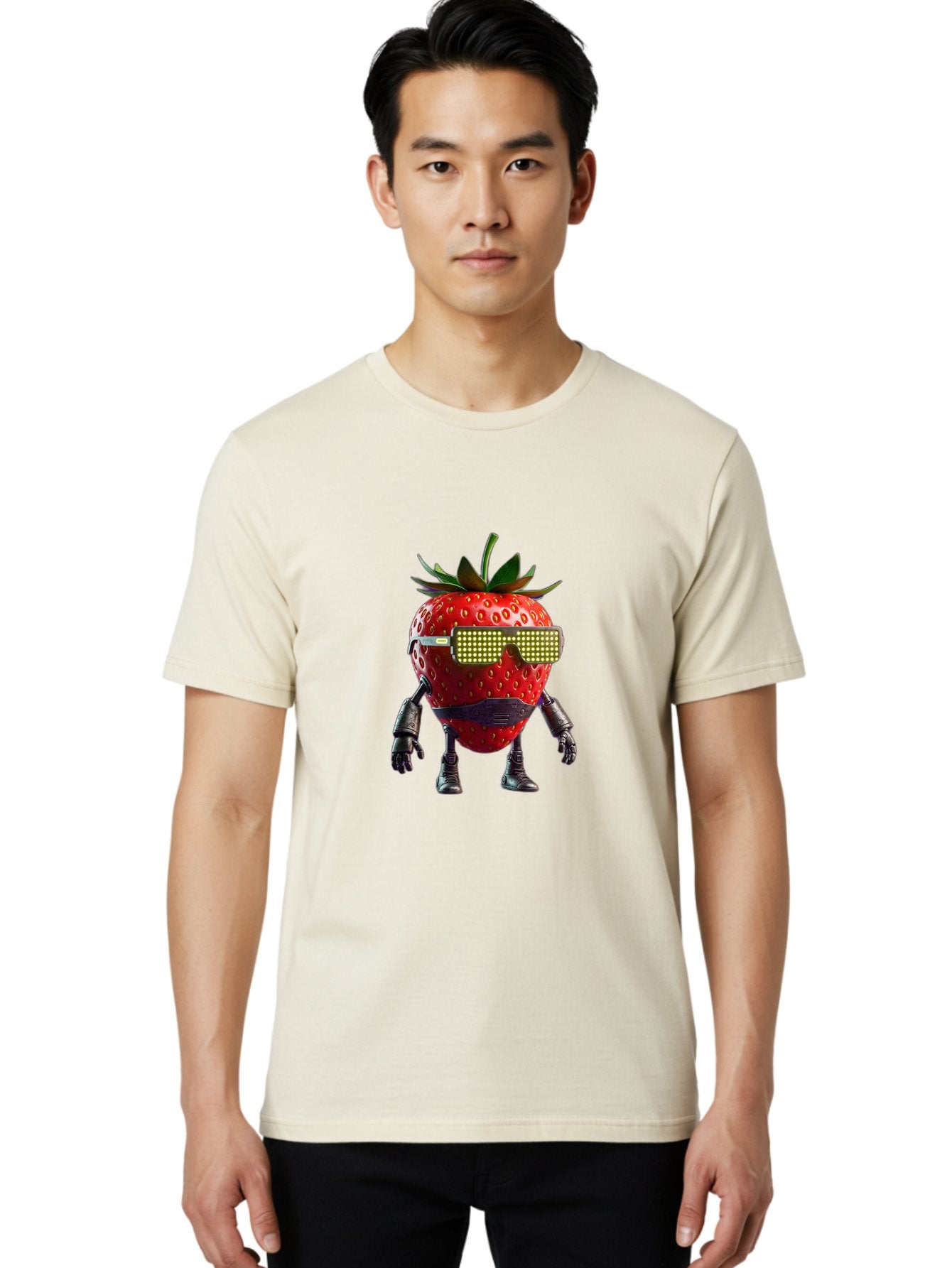 Strawberry-Robot Men'S Graphic Tee, 100% Cotton, Comfortable Casual Summer Wear, Machine Washable, Strawberry Robot, Futuristic Design, Cybernetic Enhancements, Led Glasses, Robotic Limbs, Strawberry Character, Digital Art, Bac483 20